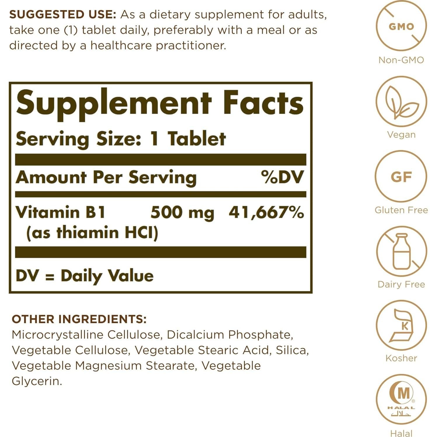 Vitamina B1 Solgar 500mg - 100 Tabletas Veganas Sin Gluten