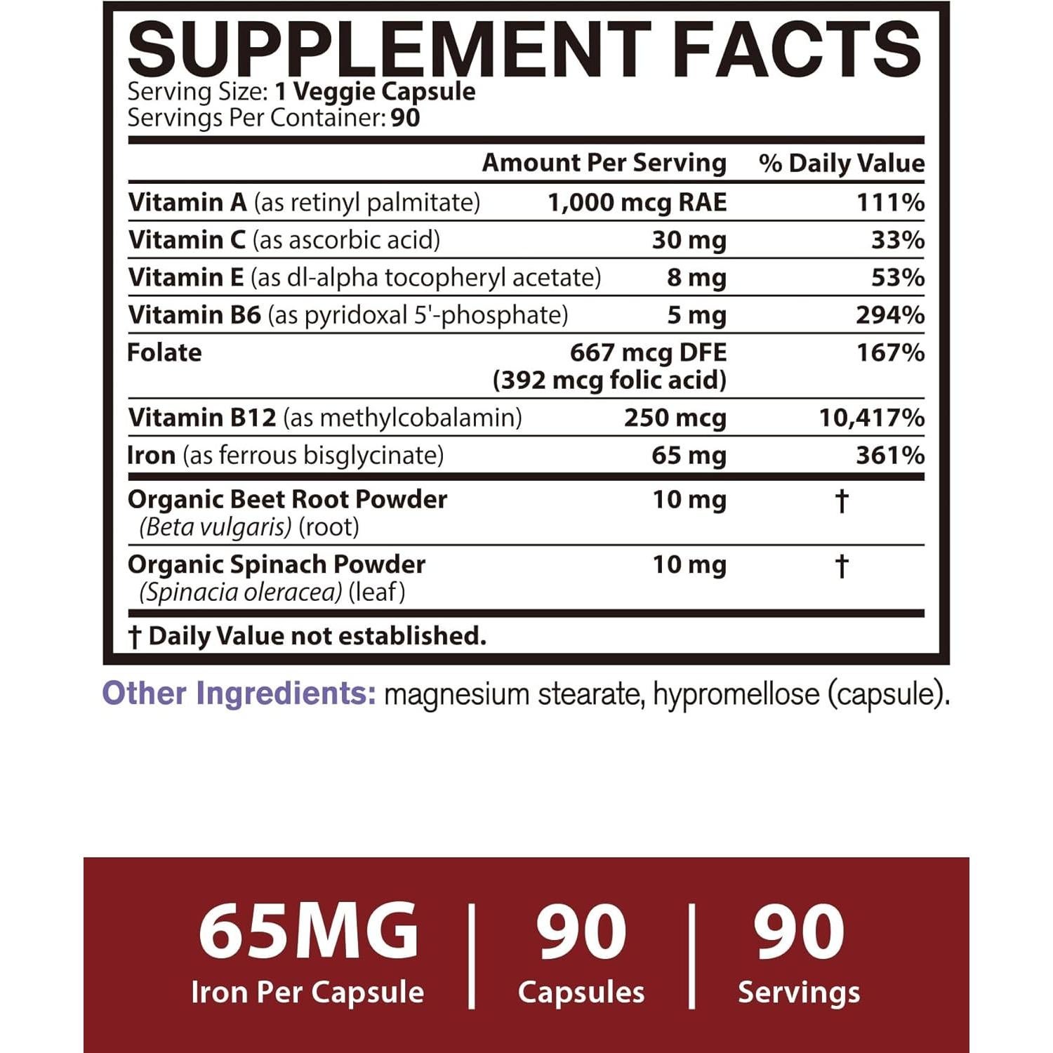 Suplemento de Hierro 65mg Vitacook con Vitaminas y Verduras 90 Cápsulas