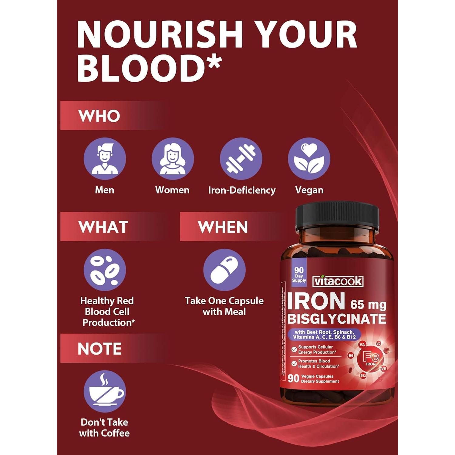 Suplemento de Hierro 65mg Vitacook con Vitaminas y Verduras 90 Cápsulas