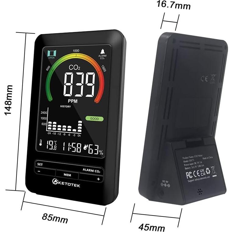 Monitor de CO2 KETOTEK E0171 con Alarma y Pantalla LCD