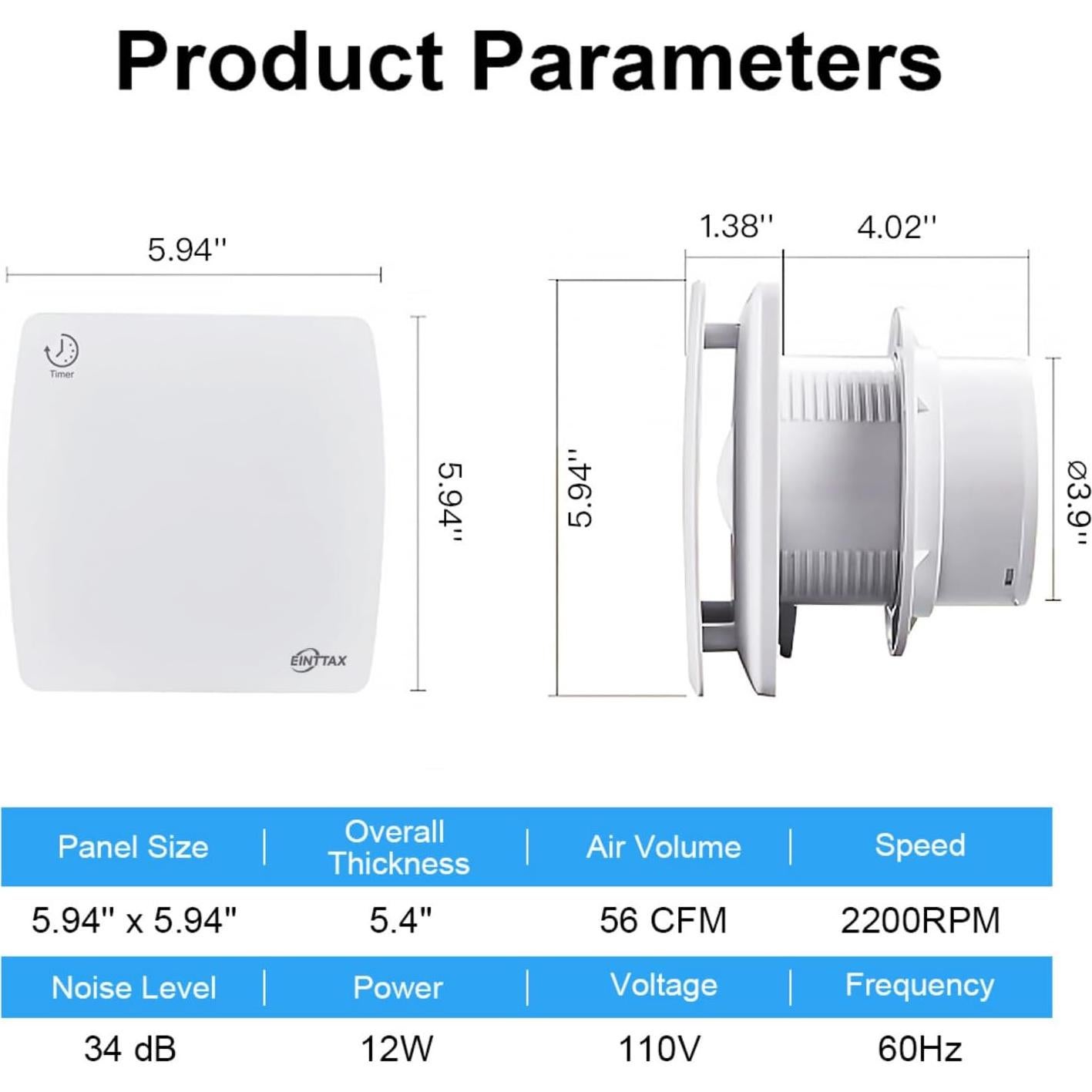 Ventilador de Escape EINTTAX 4" Blanco con Temporizador 12W