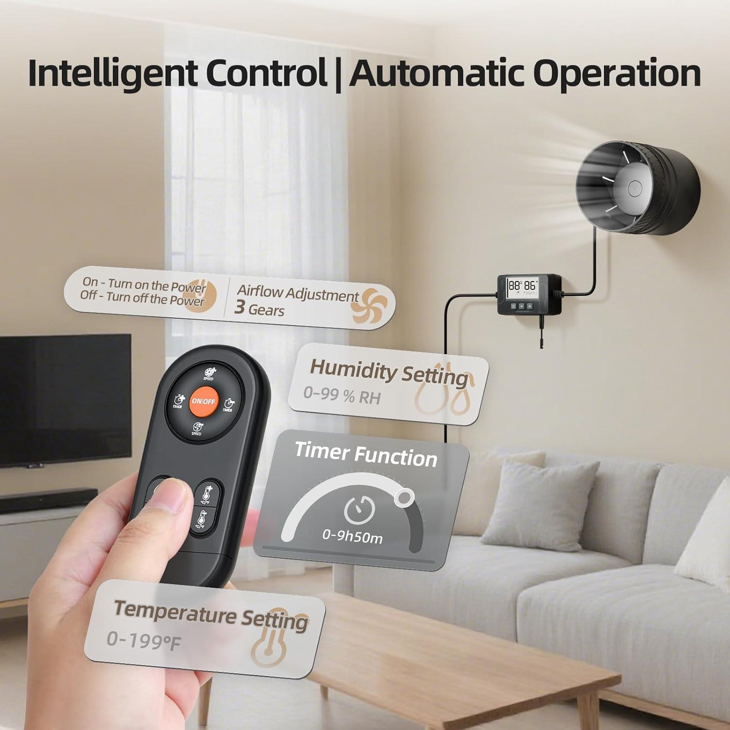 Ventilador de Conducto 4" ONVEAN con Sensor de Humedad y Control Remoto