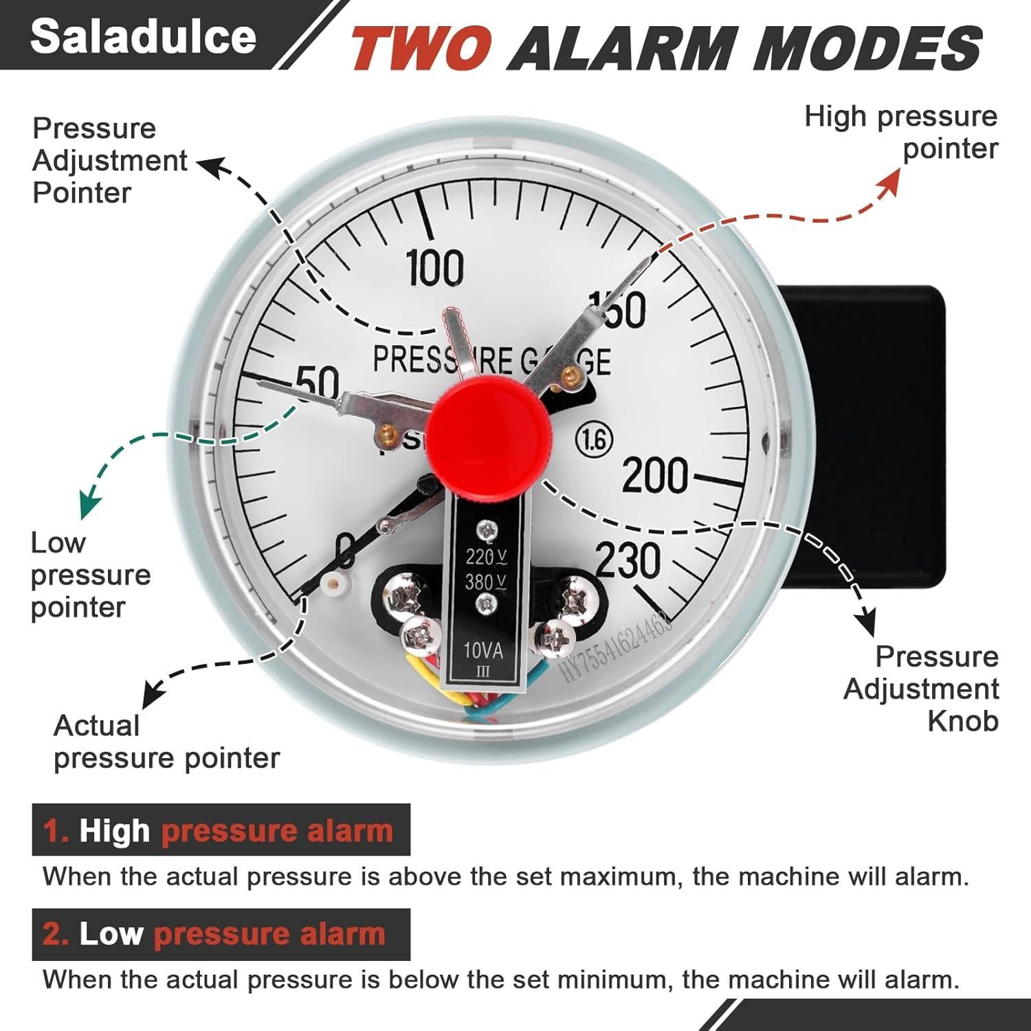 Alarma de Presión Alta Baja Saladulce 230PSI 105dB 110V