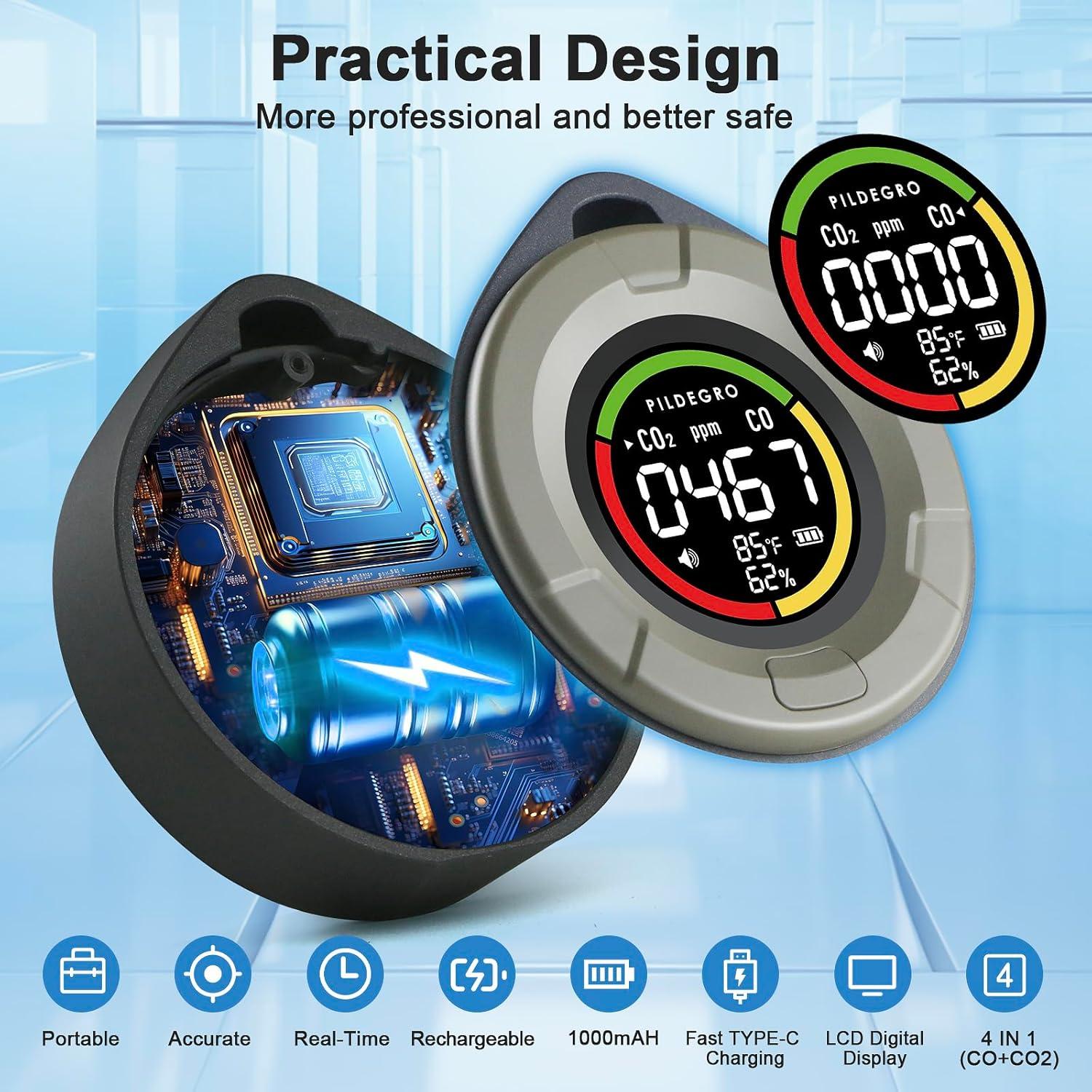 Detector de Monóxido y Dióxido de Carbono Pildegro PTH-10EW 4 en 1