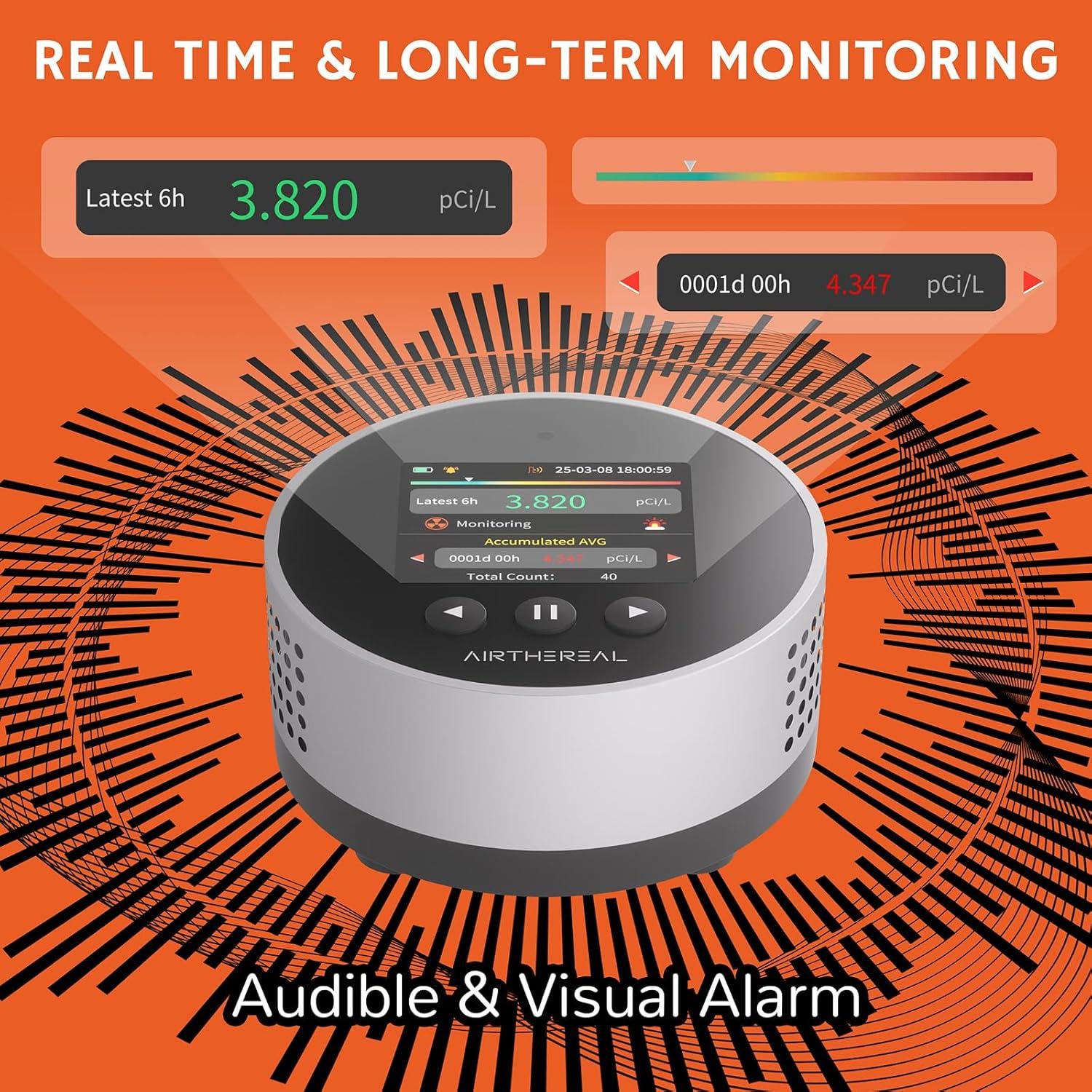 Detector de Radón Portátil Airthereal RM-65 con Alarma y Pantalla LCD
