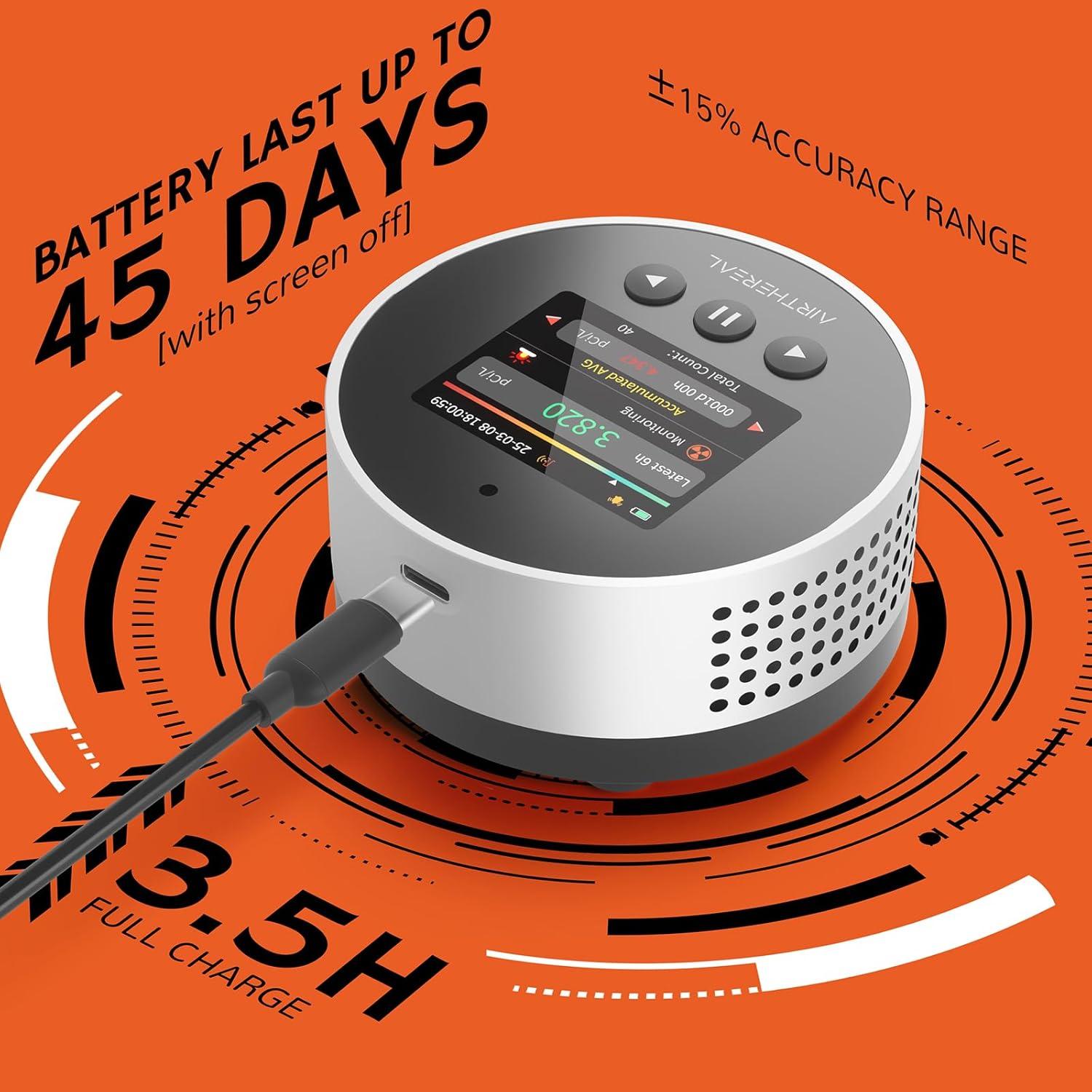 Detector de Radón Portátil Airthereal RM-65 con Alarma y Pantalla LCD