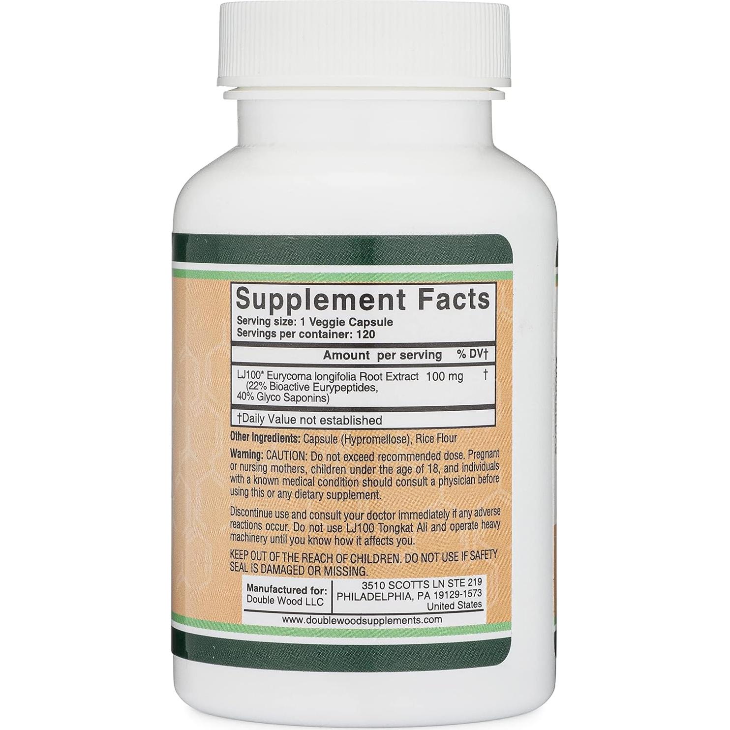 LJ100 Tongkat Ali for Men (120 Capsules) - Only Clinically Proven and Patented Men's Heath Supplement Tongkat Ali Formula (LJ100 Std to 40% Glycosaponins, 22% Eurypeptides) by Double Wood