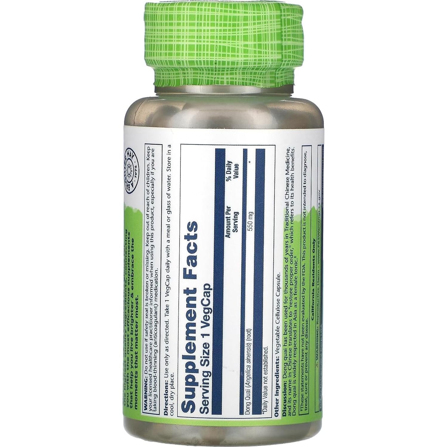 Suplemento Raíz de Dong Quai 550mg Solaray | Salud Femenina 100ct