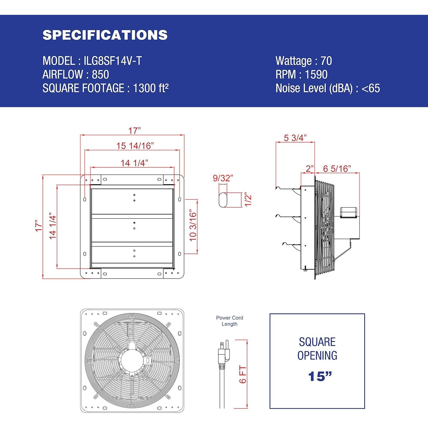 Ventilador de Escape iLiving 35.6 cm con Termostato y 3 Velocidades