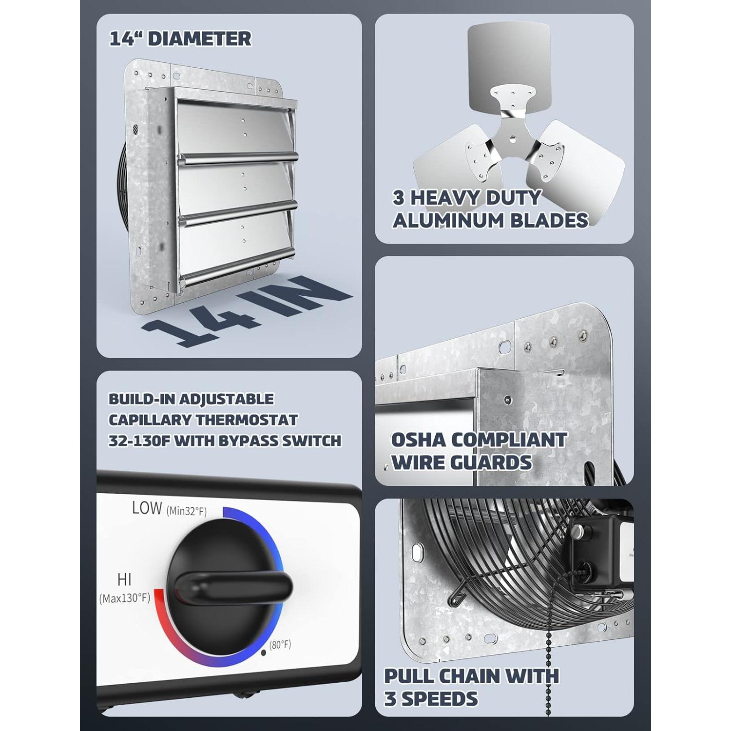 Ventilador de Escape iLiving 35.6 cm con Termostato y 3 Velocidades