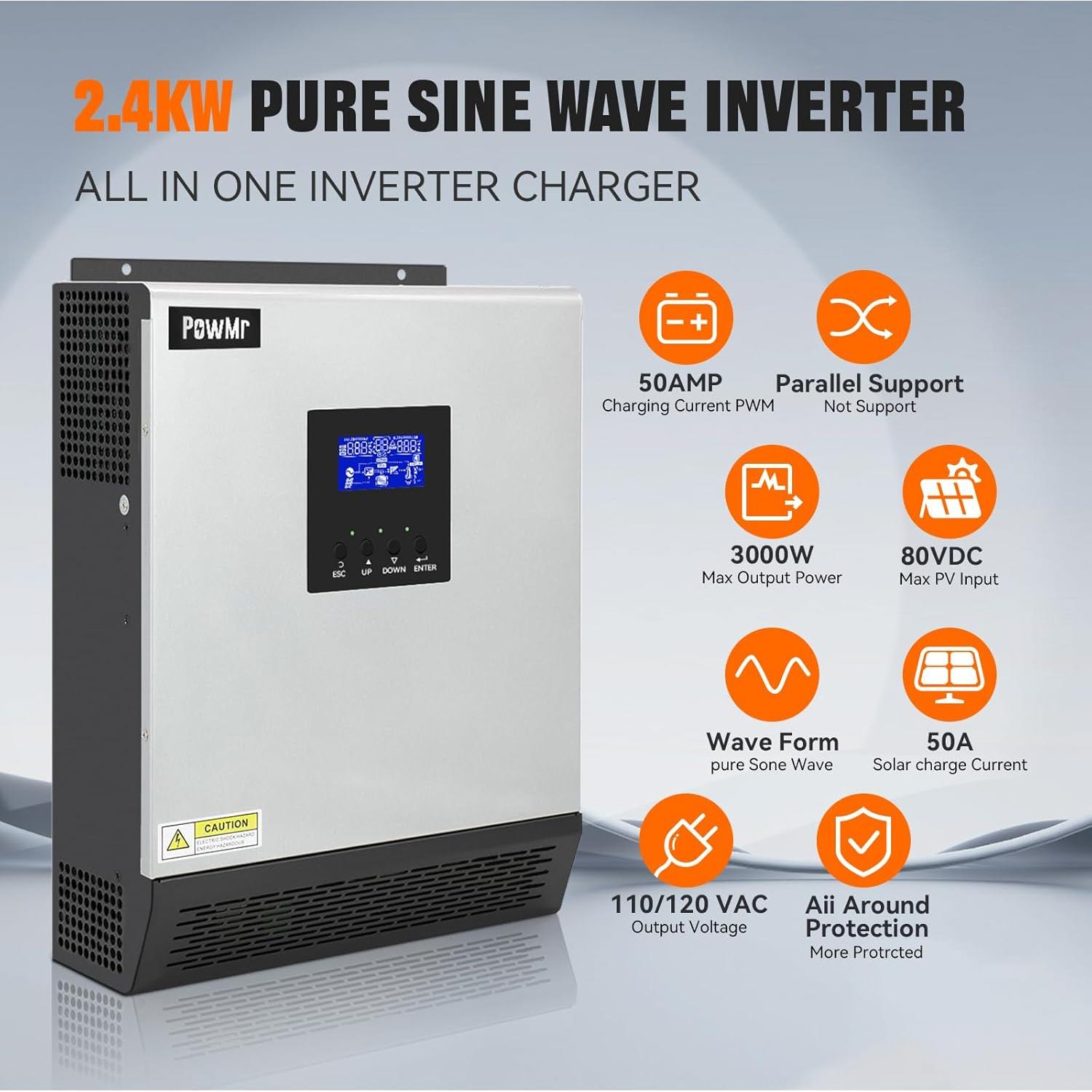Inversor Solar PowMr 2400W 24VDC a 110V/120VAC Onda Pura