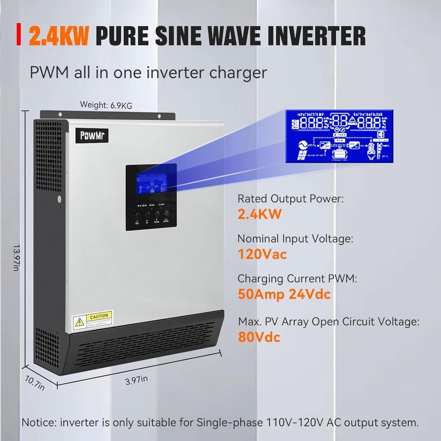 Inversor Solar PowMr 2400W 24VDC a 110V/120VAC Onda Pura