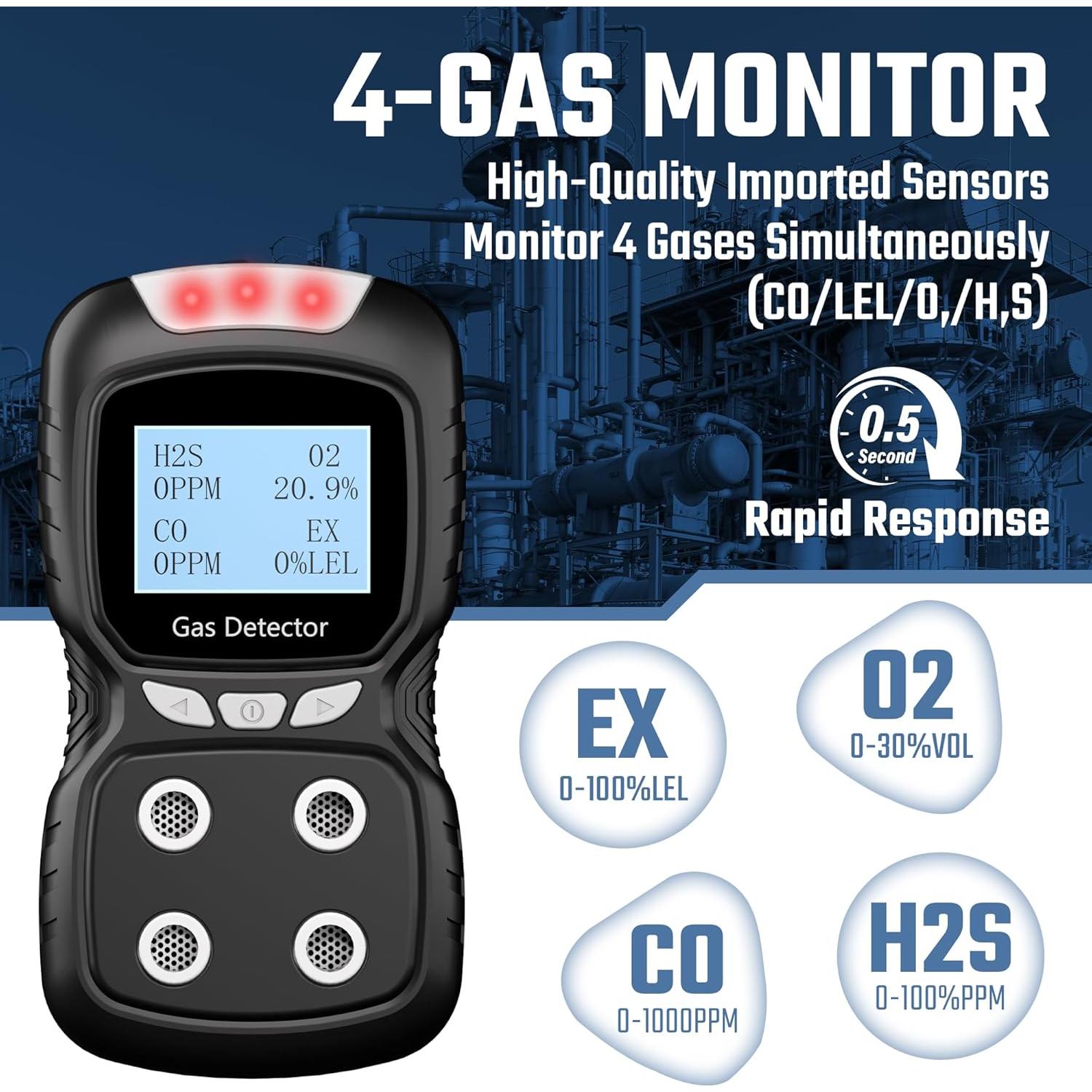Detector de Gas Portátil Sooguard 4 en 1 con Alarma y Pantalla LCD