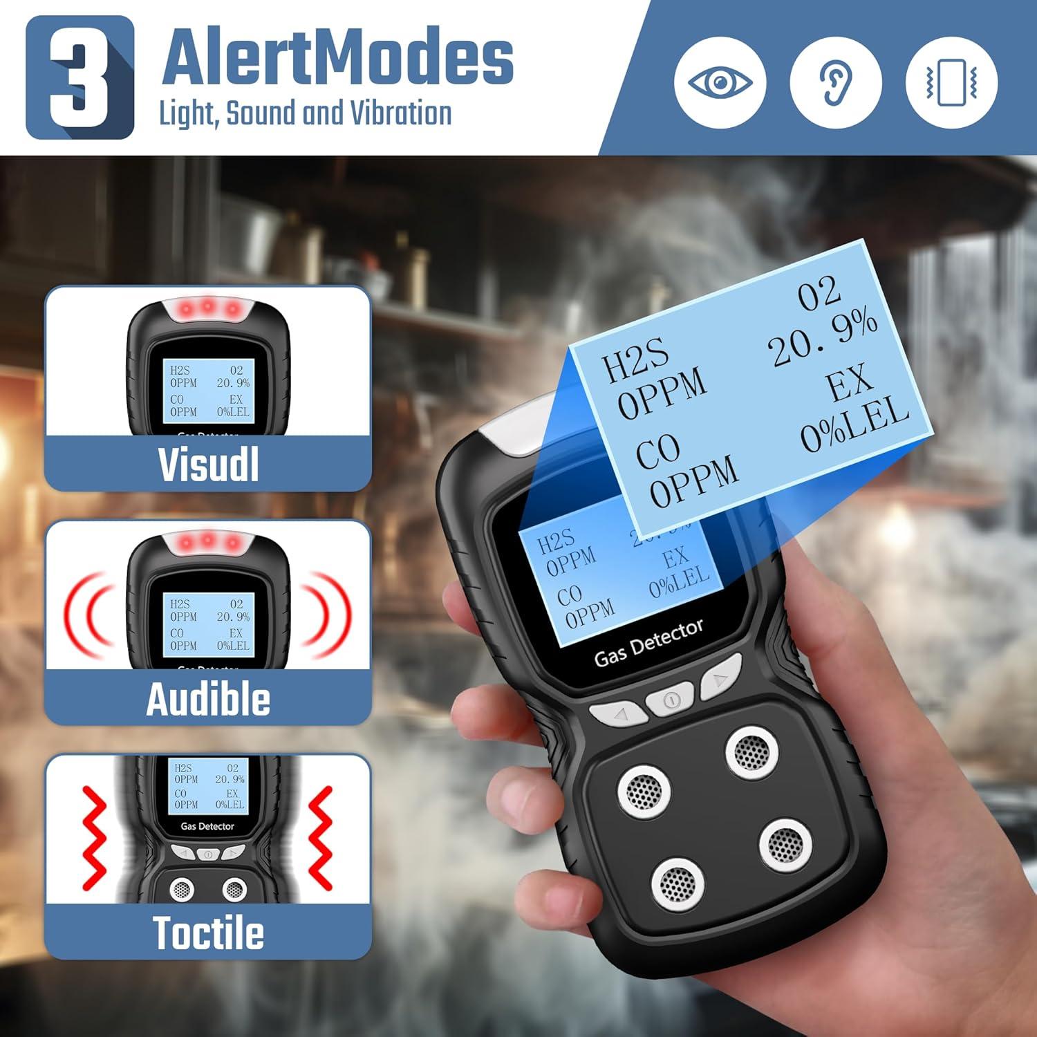 Detector de Gas Portátil Sooguard 4 en 1 con Alarma y Pantalla LCD