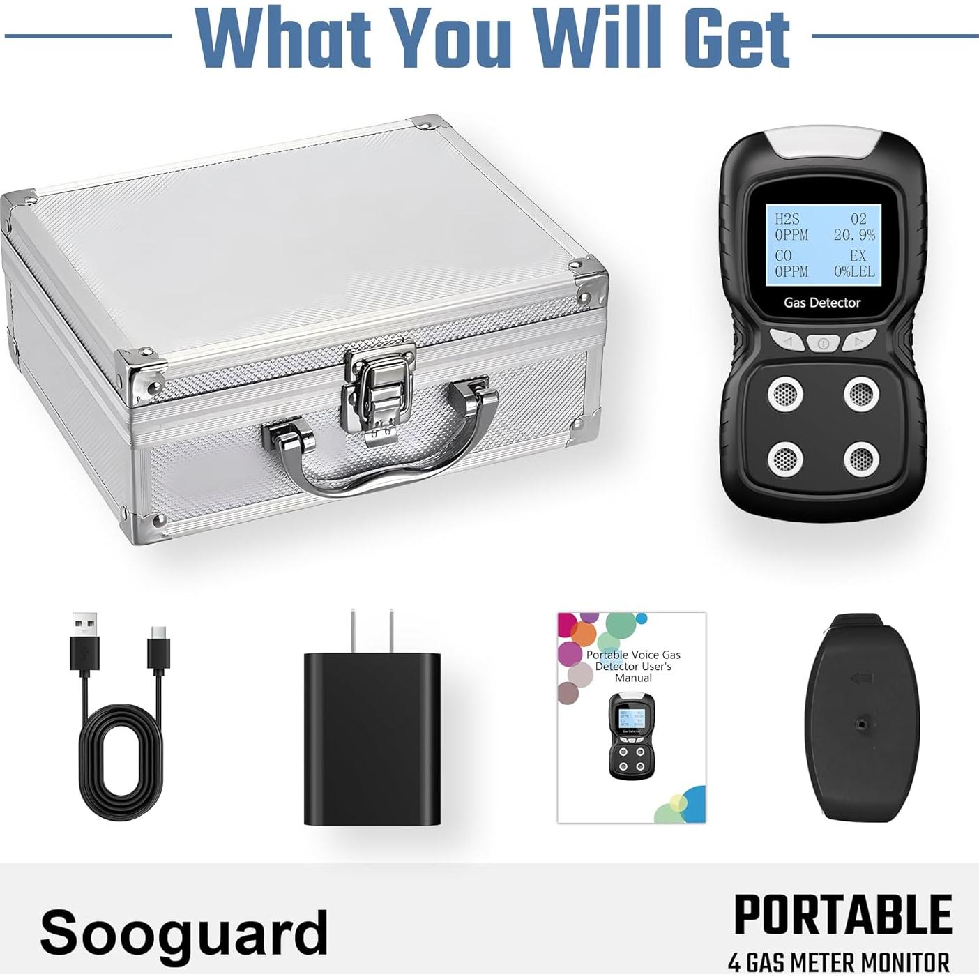 Detector de Gas Portátil Sooguard 4 en 1 con Alarma y Pantalla LCD