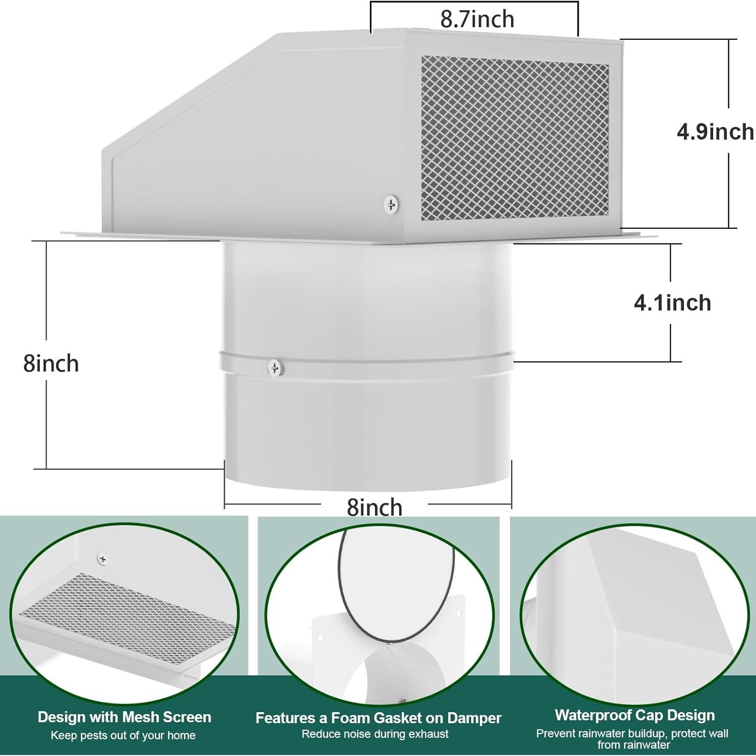 Cubierta de Ventilación de Pared 8" Yawl Acero Galvanizado Blanco