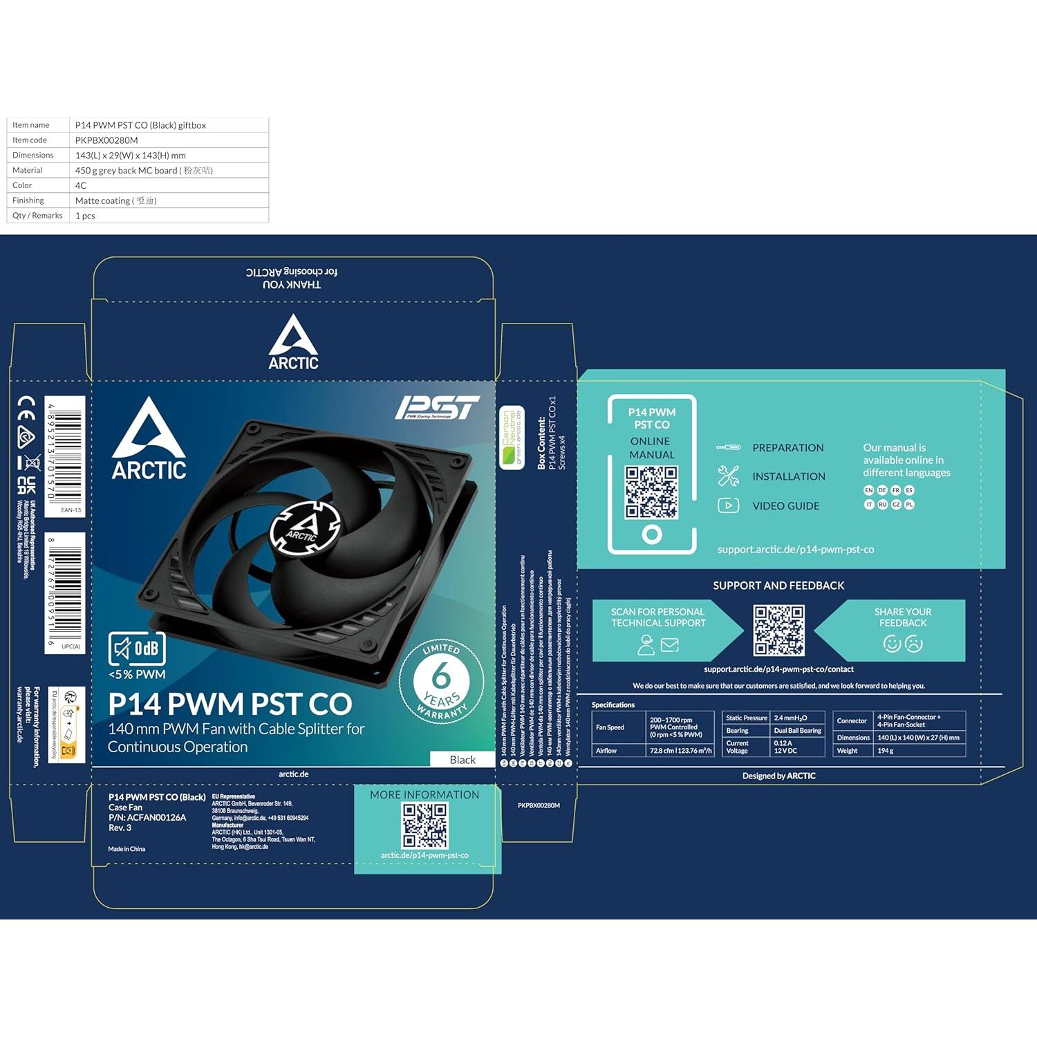 Ventilador ARCTIC P14 PWM PST CO 140mm Negro 200-1700 RPM