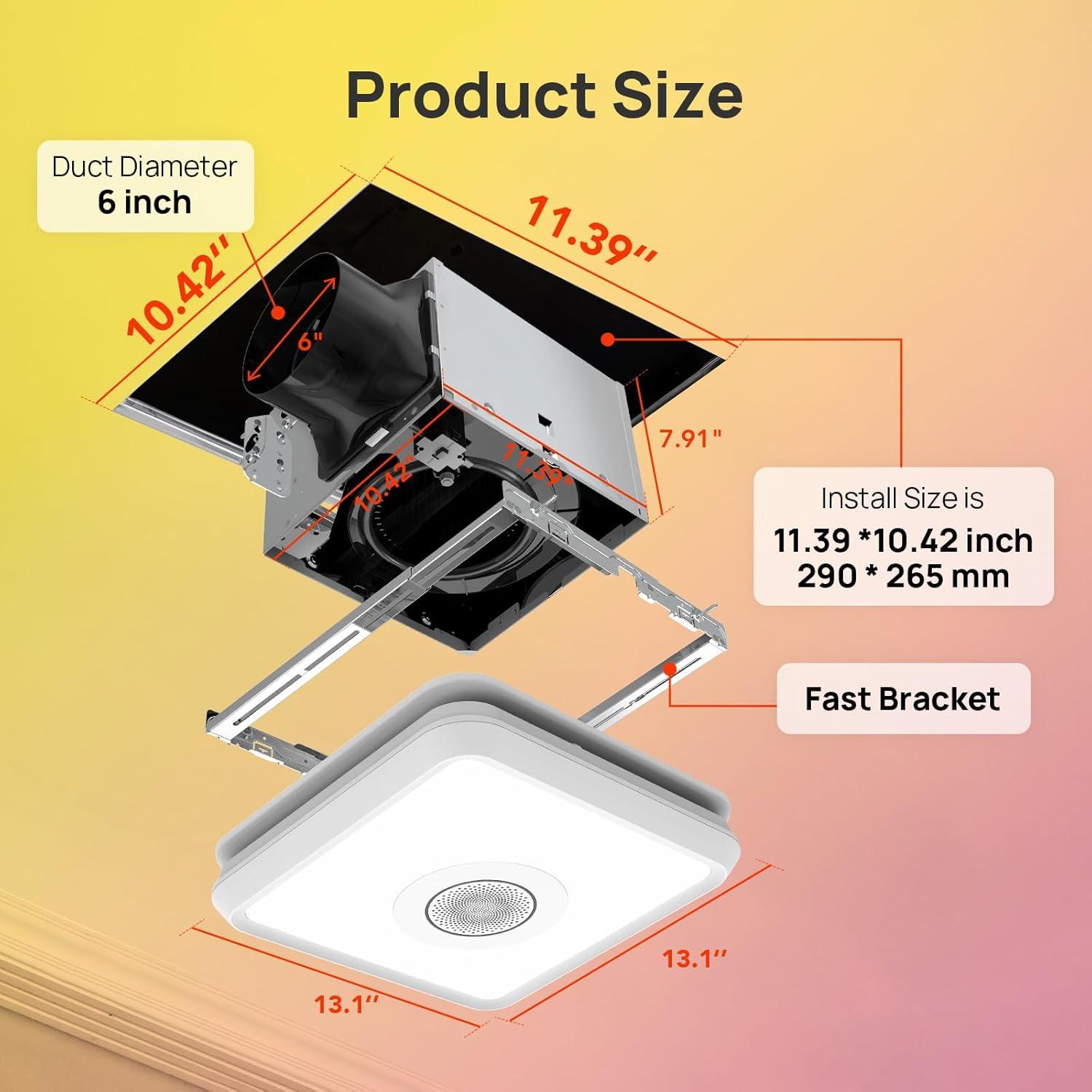 Consciot 160CFM Bathroom Exhaust Fan with Bluetooth Speaker & LED Light, 1500Lm 3 Color Temperature, 7 RGB Light, Nightlight, Remote Control, Quiet 0.8 Sone Ventilation Fan, 11.39'' x 10.42'' Mounting
