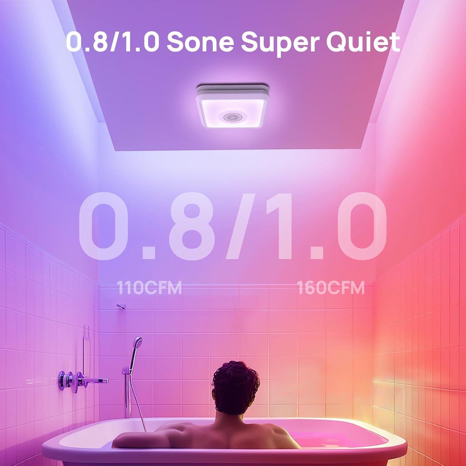 Consciot 160CFM Bathroom Exhaust Fan with Bluetooth Speaker & LED Light, 1500Lm 3 Color Temperature, 7 RGB Light, Nightlight, Remote Control, Quiet 0.8 Sone Ventilation Fan, 11.39'' x 10.42'' Mounting
