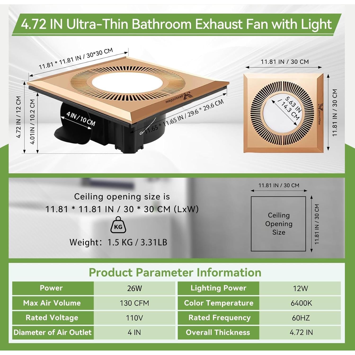 Ventilador Extractor de Baño ApexscnView con Luz LED 26W 130 CFM