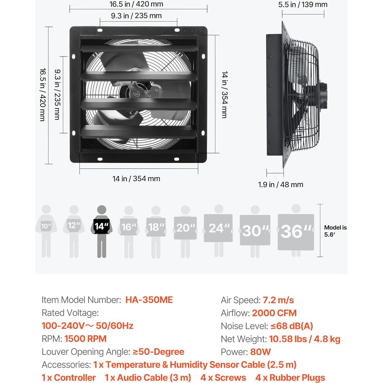 Ventilador Extractor de Persiana VEVOR 35 cm Montaje Pared 2000 CFM