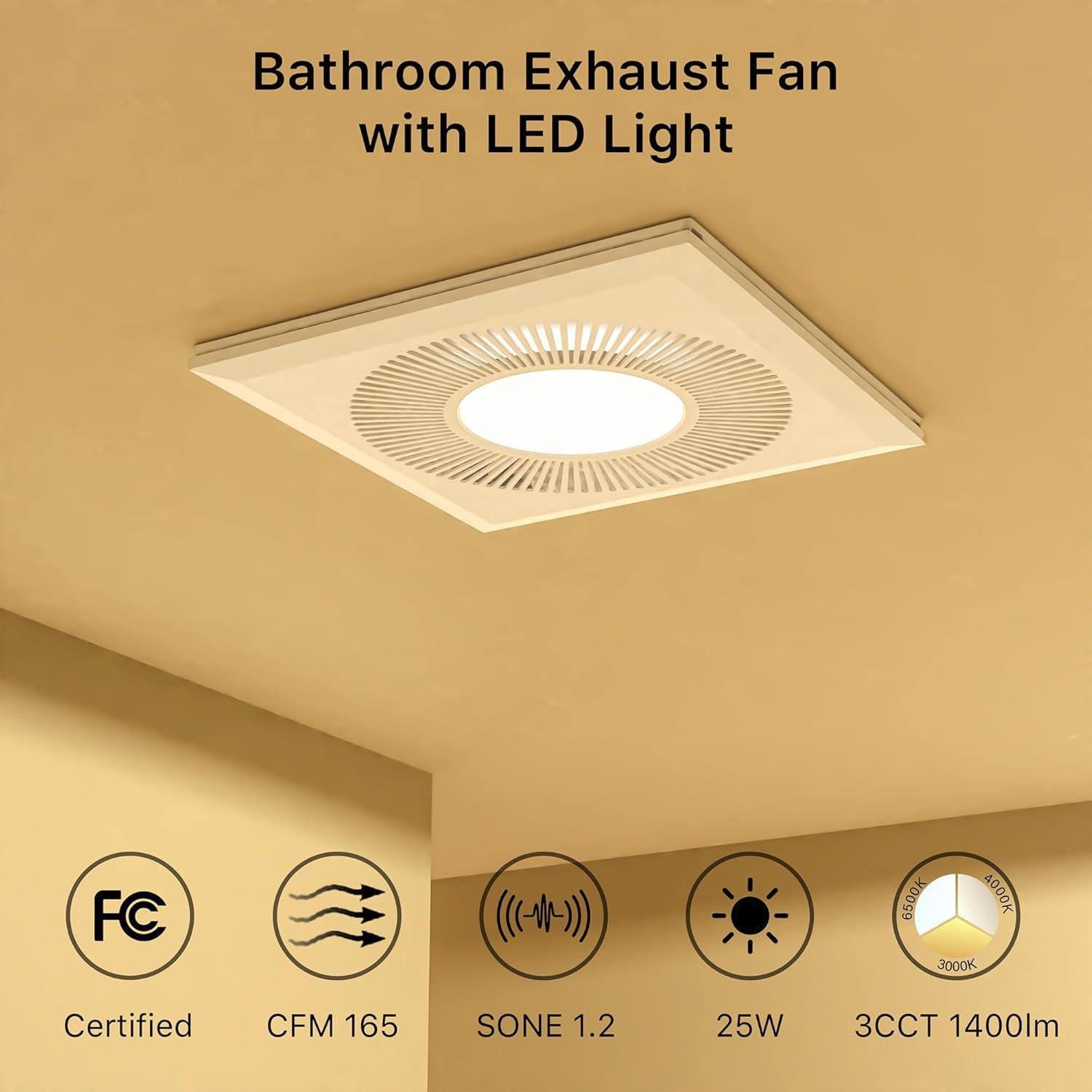 Ventilador de Baño FWASTT 30cm con Luz LED 165CFM 15W