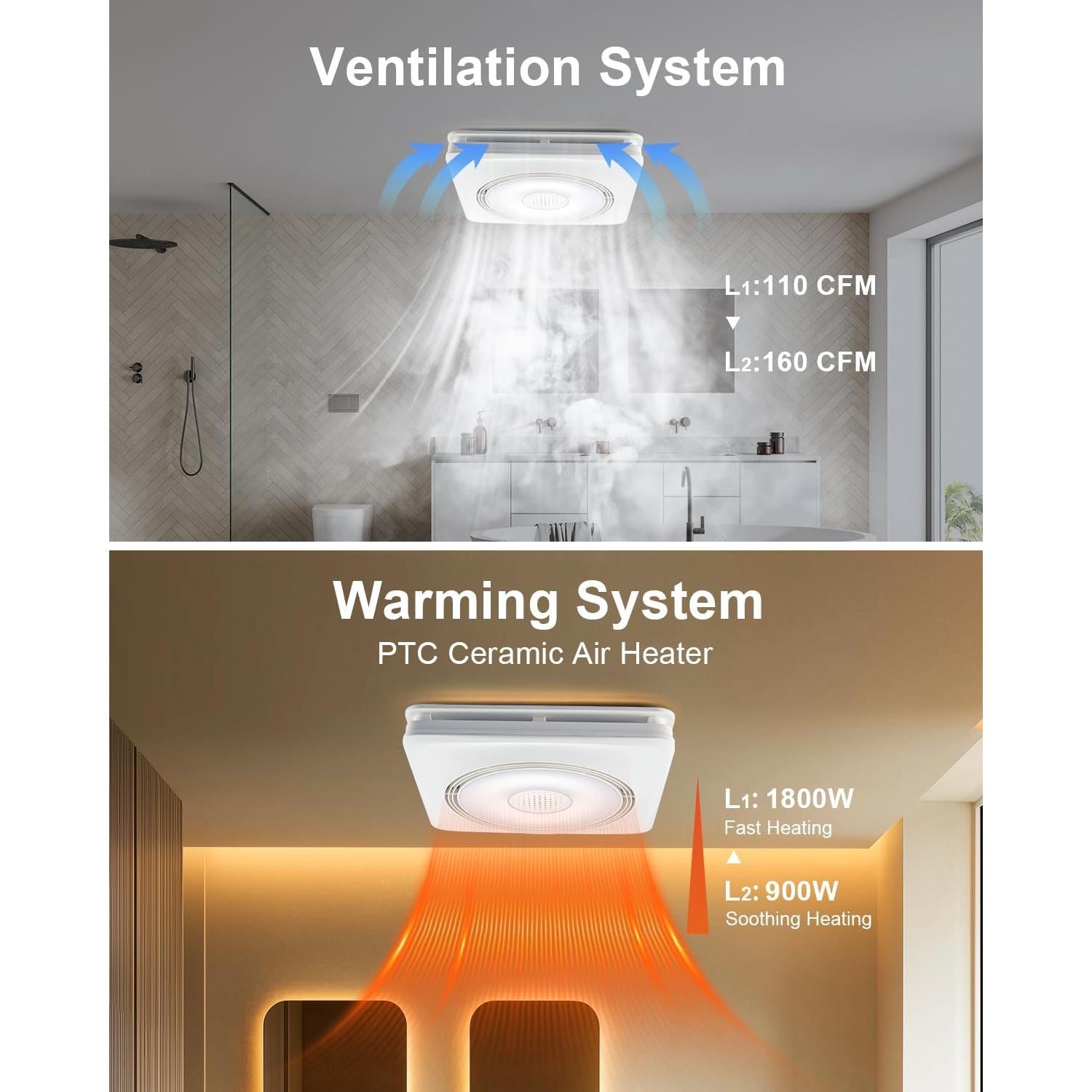 Ventilador de Baño GROWNEER con Altavoz Bluetooth y Calefacción