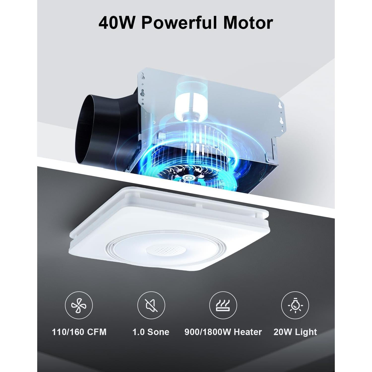 Ventilador de Baño GROWNEER con Altavoz Bluetooth y Calefacción