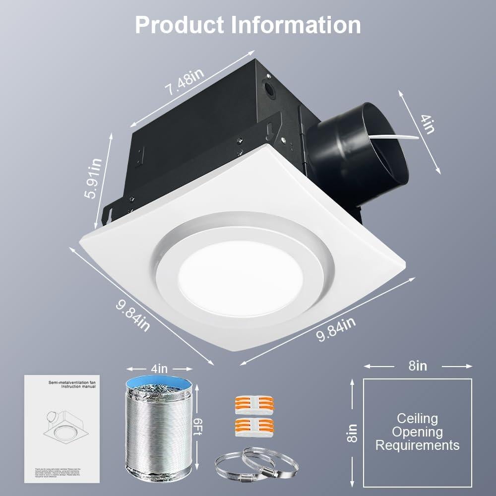 Ventilador Extractor de Baño Rysmirs 88CFM 1.0 Sone con Luz LED