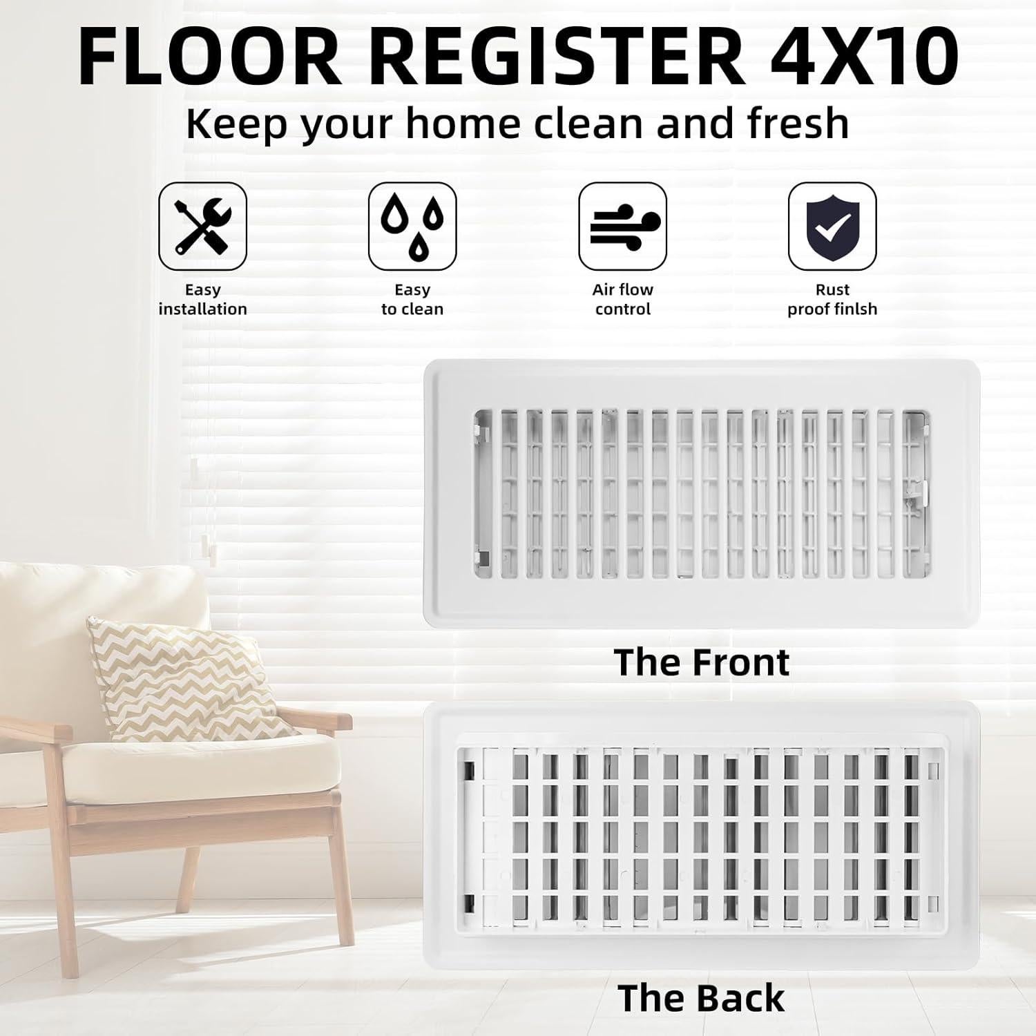 Rejilla de Piso Ajustable Accord Ventilation 4" x 10" Blanca
