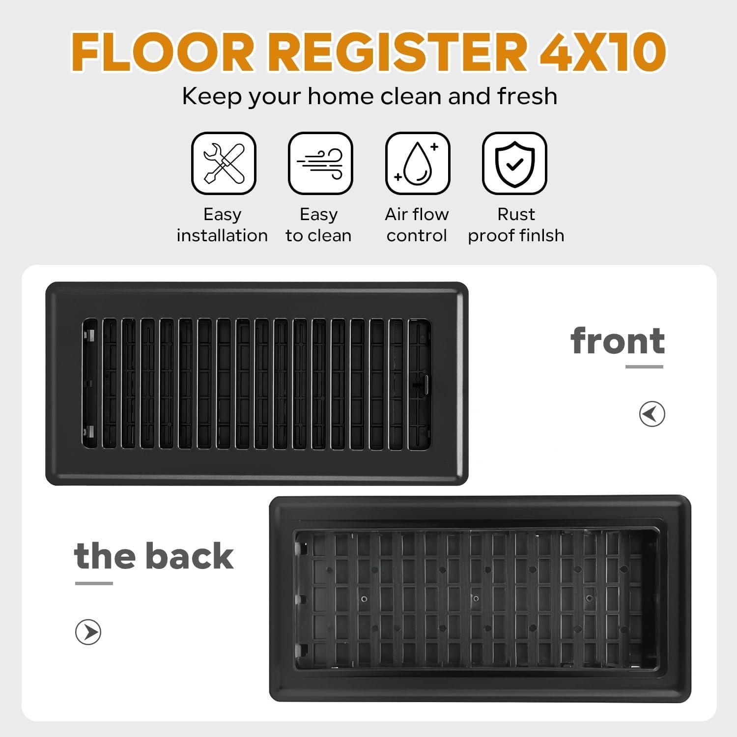 Cubiertas de Ventilación de Piso 6x10 HQZHQZ, Acero Negro, 2 Pcs