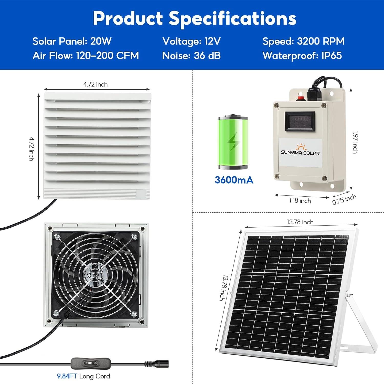 Ventilador Solar Doble SUNYIMA 20W con Batería 3600mAh