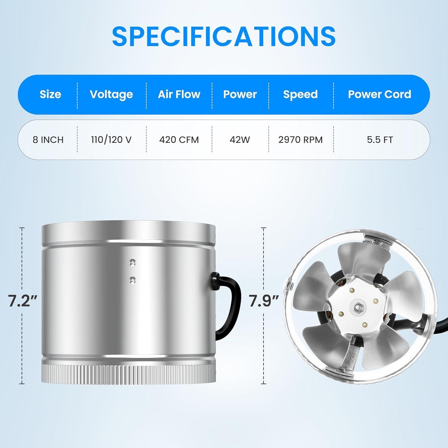 Ventilador de Conducto Aumentador Simple Deluxe 8" 420 CFM