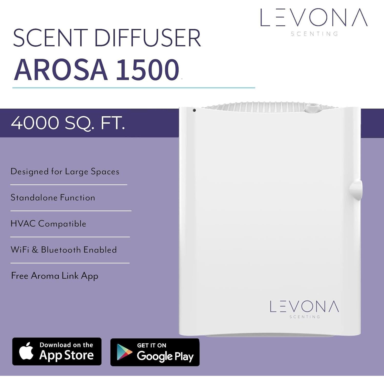 Levona Scent Arosa Diffuser - HVAC System with Smart App Control, Scent Diffuser for Whole House, Office, Hotel, & Large Spaces - Coverage 4000 sq ft - Includes Black Velvette 500ml Essential Oil