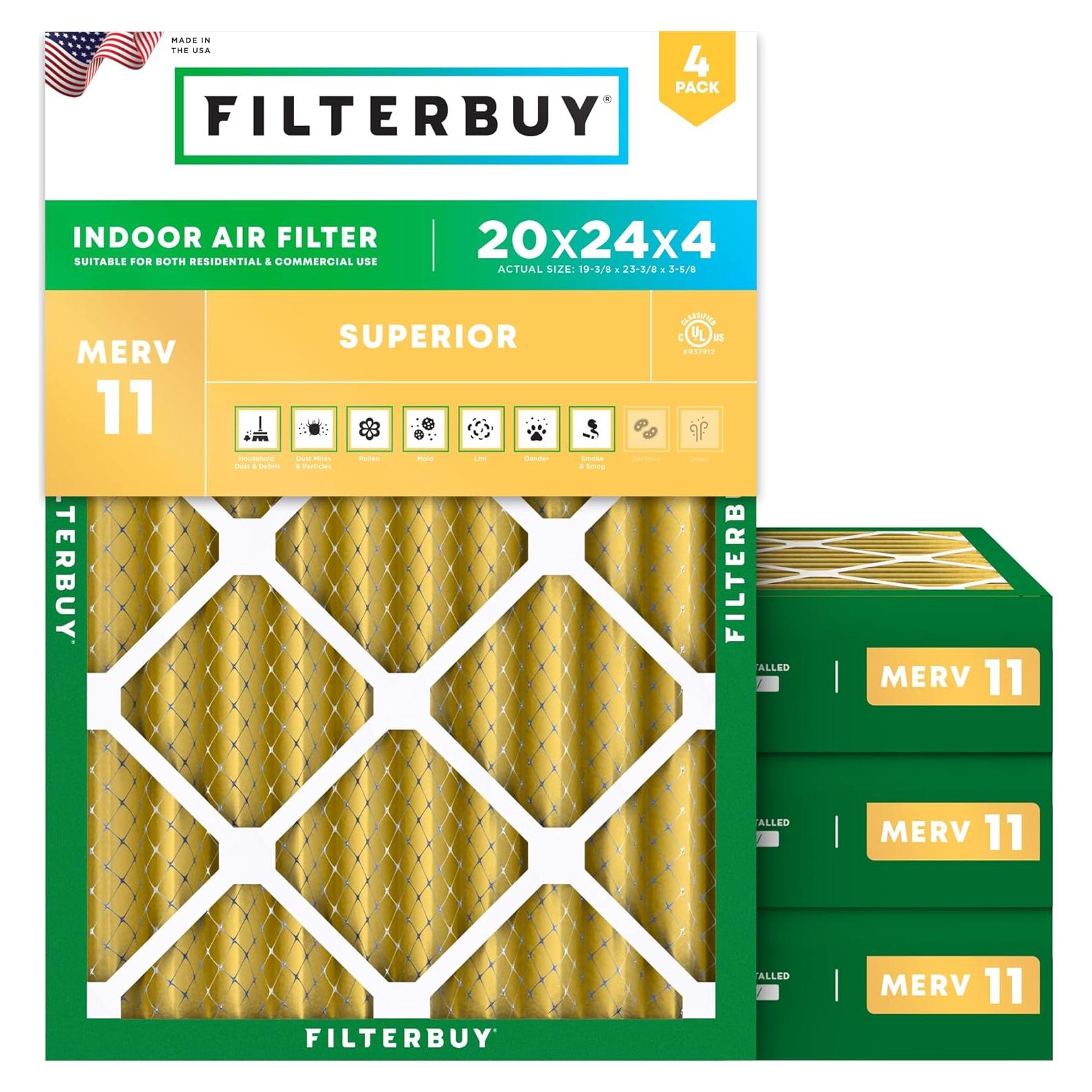 Filtro de Aire Filterbuy 20x24x4 MERV 11 Paquete de 4
