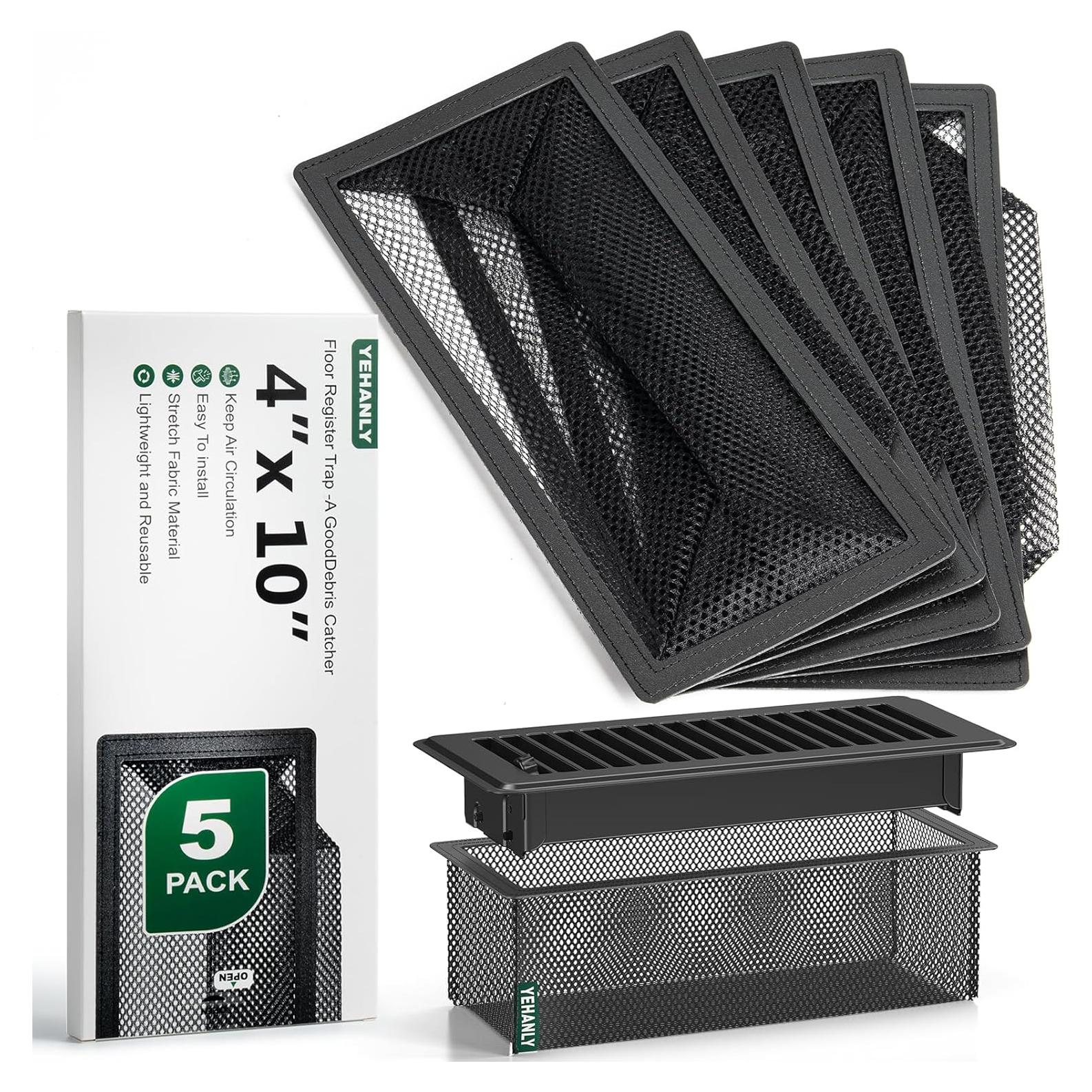 Floor Register Cover Trap, 4 x 10 Inch Floor Air Vent Cover Screen for Home Air Vent Filters 5-Pack Floor Vent Mesh Filters Net Trap, Keeps Out Bugs, Dust, Pet Hair, Black