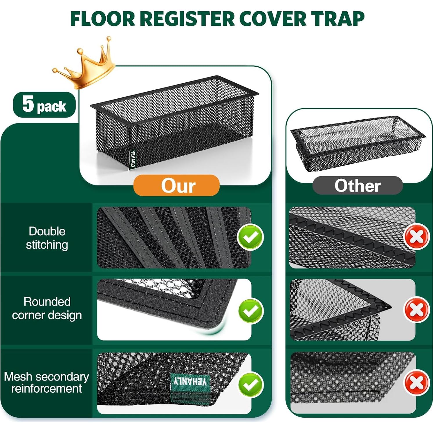 Floor Register Cover Trap, 4 x 10 Inch Floor Air Vent Cover Screen for Home Air Vent Filters 5-Pack Floor Vent Mesh Filters Net Trap, Keeps Out Bugs, Dust, Pet Hair, Black