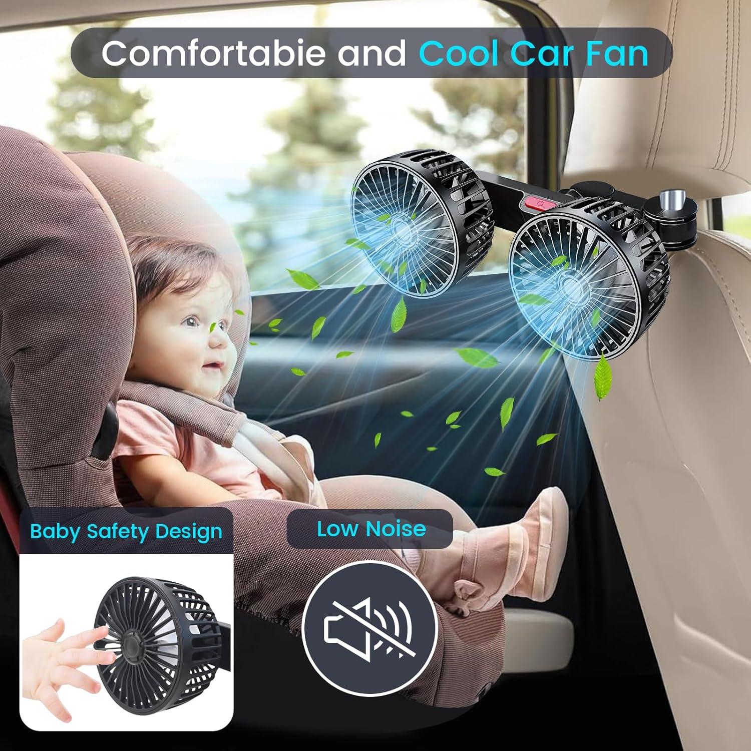 Ventilador de Coche HEEYCEM Doble Cabeza USB 5V 3 Velocidades