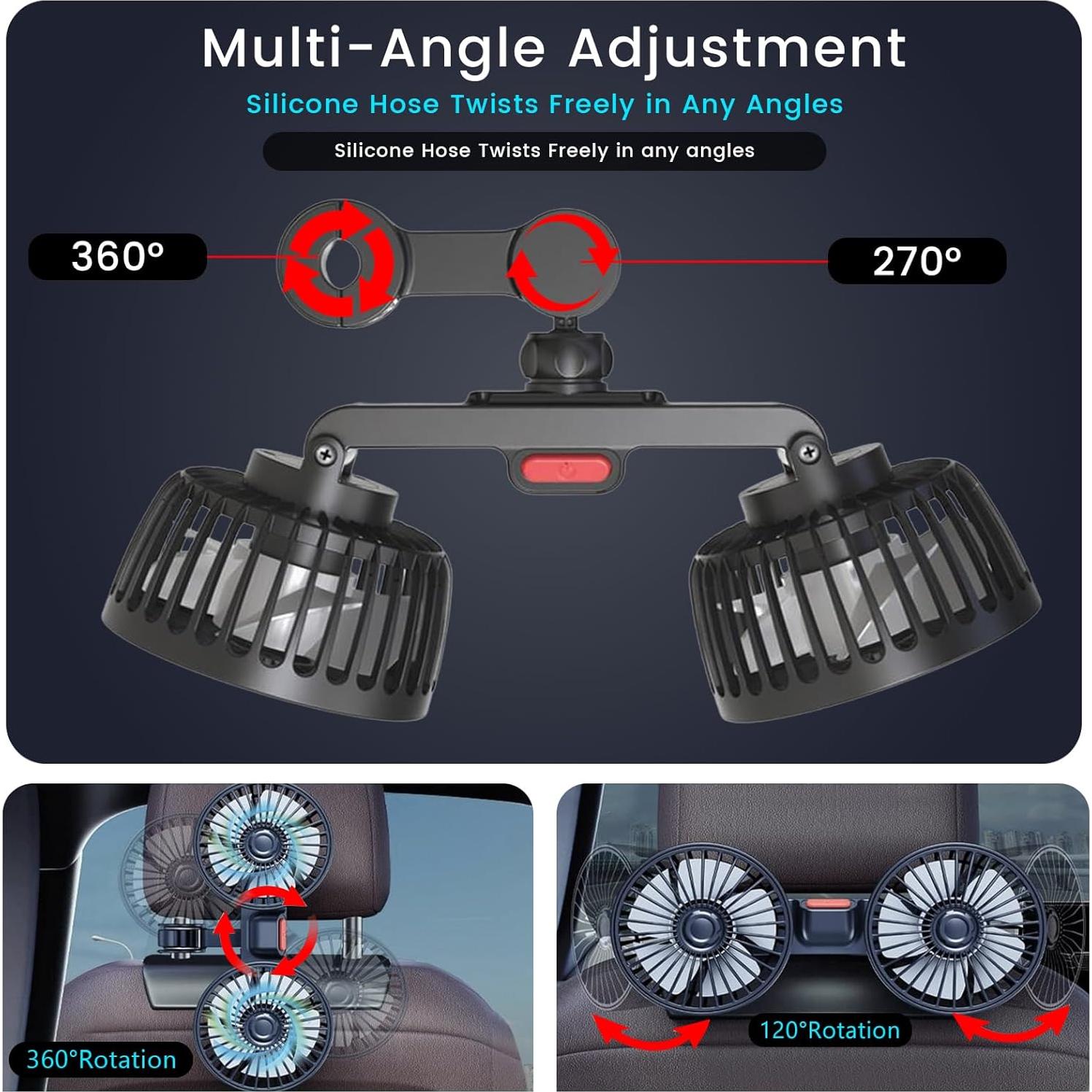 Ventilador de Coche HEEYCEM Doble Cabeza USB 5V 3 Velocidades