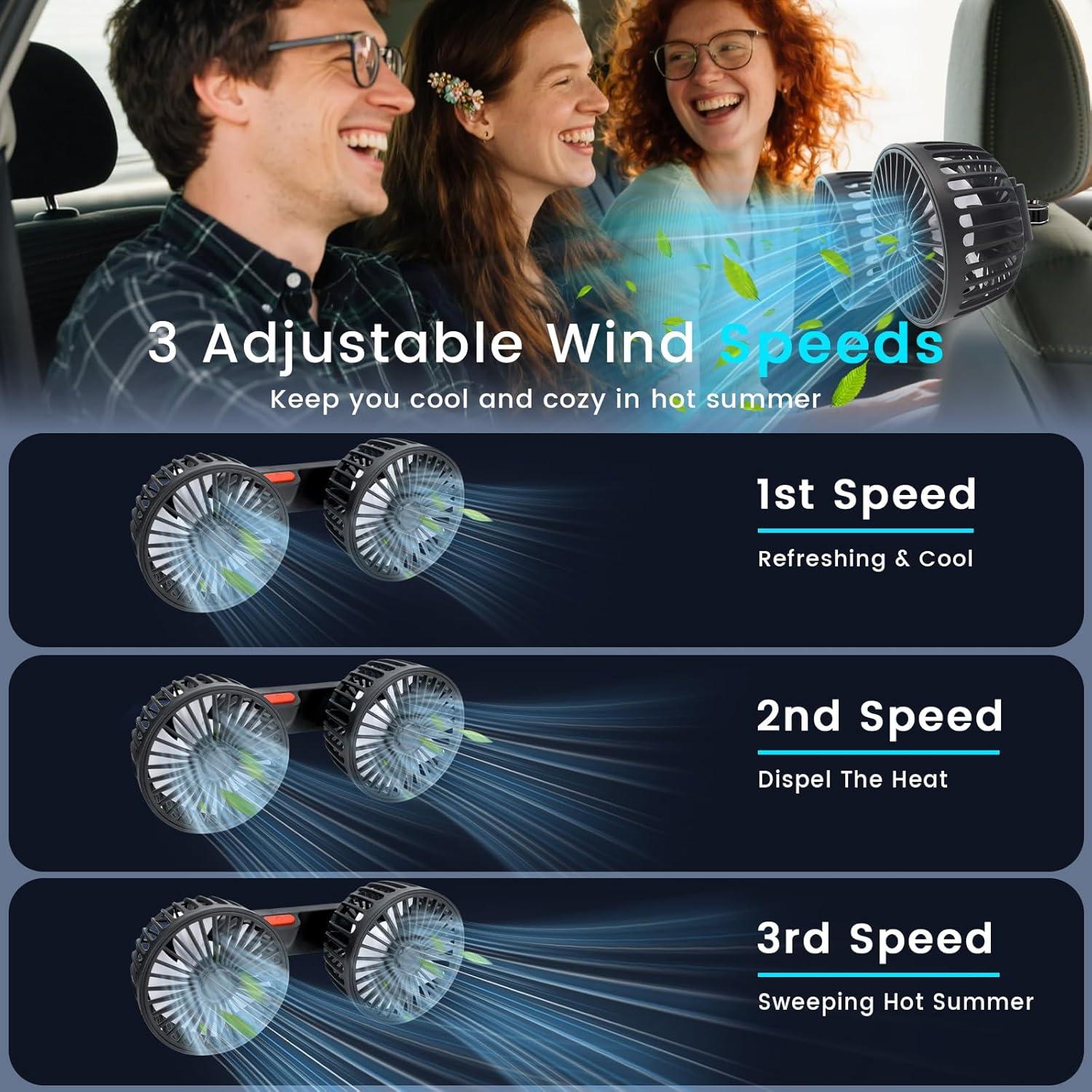 Ventilador de Coche HEEYCEM Doble Cabeza USB 5V 3 Velocidades