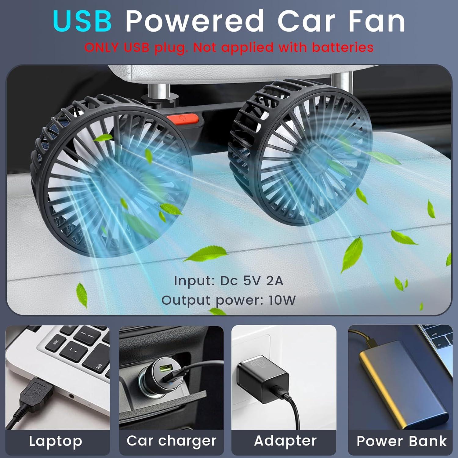 Ventilador de Coche HEEYCEM Doble Cabeza USB 5V 3 Velocidades