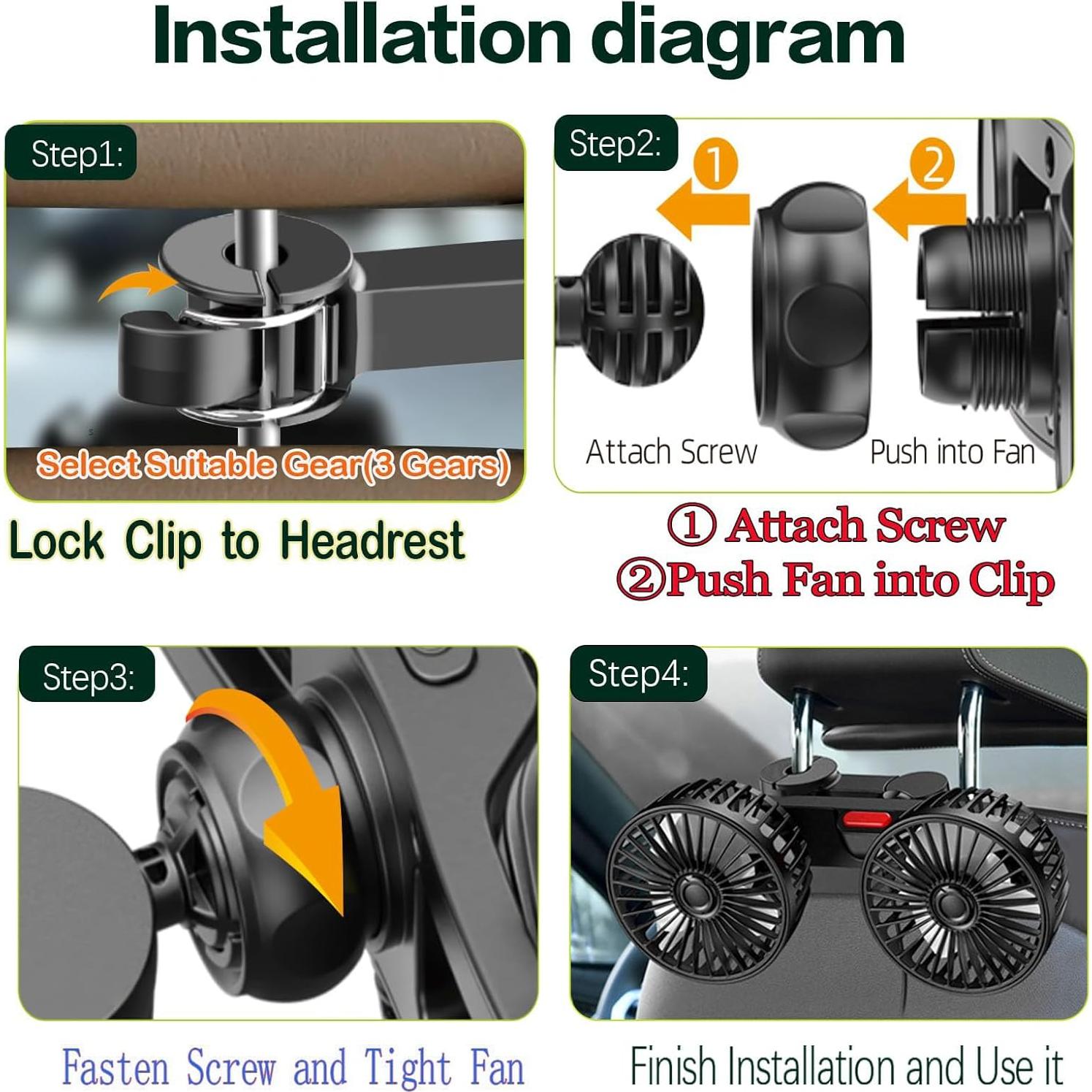 Ventilador de Coche HEEYCEM Doble Cabeza USB 5V 3 Velocidades