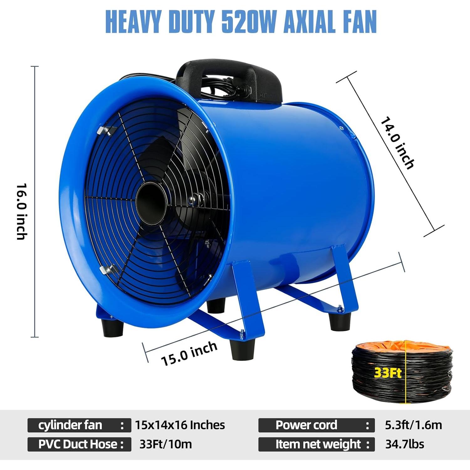 Ventilador Axial de Escape WARSUN 520W 30cm con Manguera 10m