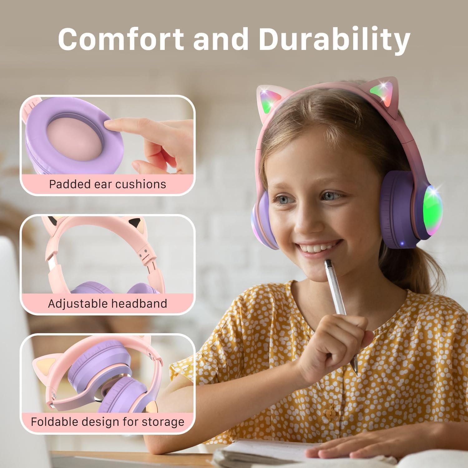 Auriculares FosPower Kids Bluetooth 5.2 Orejas de Gato Rosa
