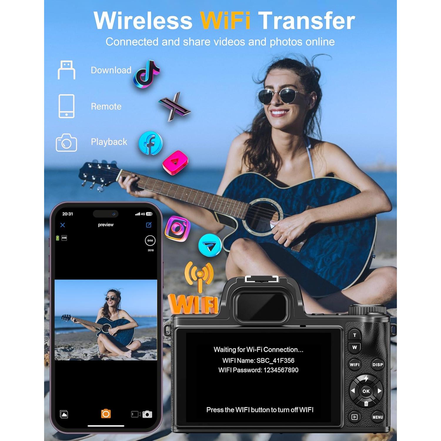 Cámara Digital 4K Banflower 64MP con WiFi y Pantalla Táctil 10.16cm