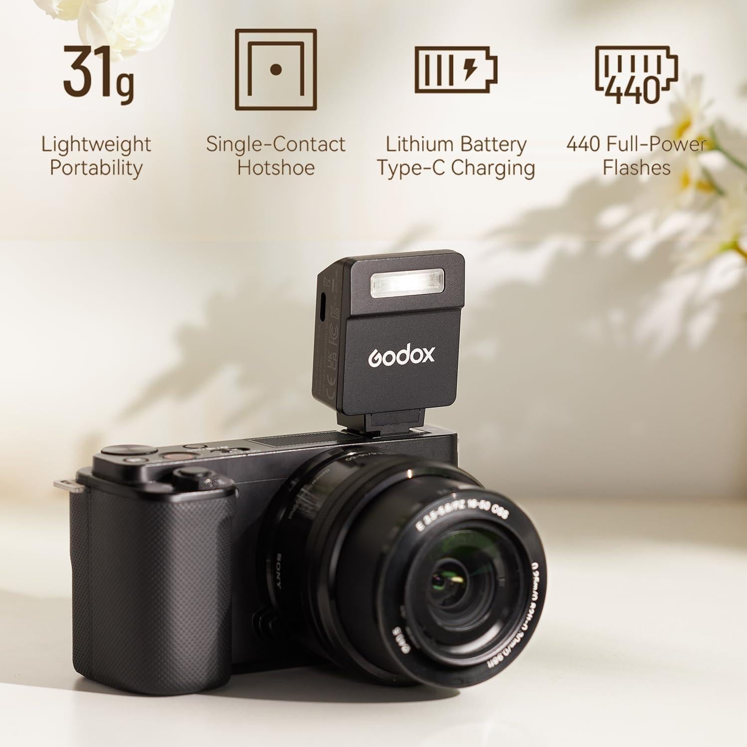 Flash Godox iM22 Speedlite Mini 440 Destellos Batería Litio