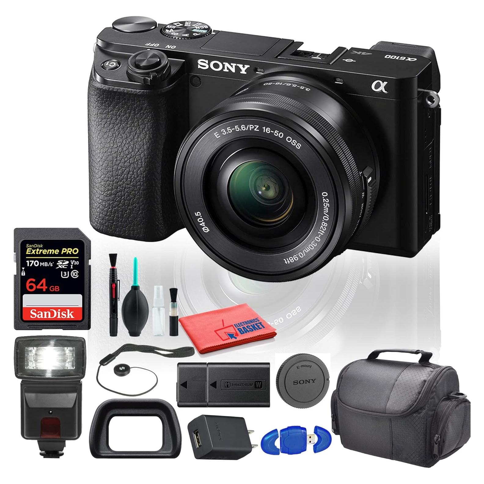 Sony Alpha a6100 Mirrorless Digital Camera (ILCE6100L/B) with 16-50mm Lenses with Flash, Extra Battery, Tripod, 64GB Memory Card, Bag, and More - Advanced Bundle (Renewed)