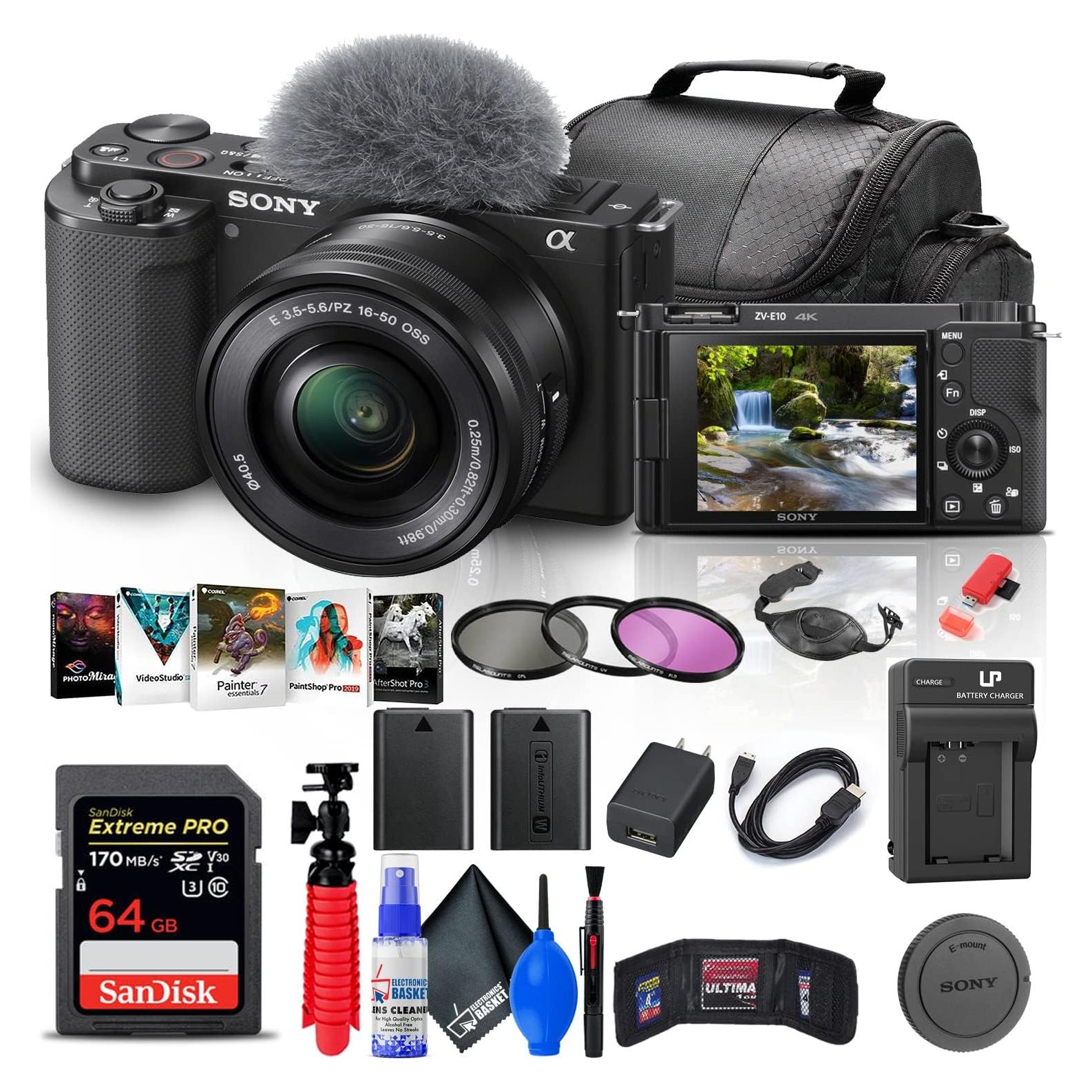 Sony ZV-E10 Mirrorless Camera with 16-50mm Lens (Black) (ILCZV-E10L/B) + 64GB Memory Card + Filter Kit + Corel Photo Software + Bag + NPF-W50 Battery + External Charger + Card Reader + More (Renewed)