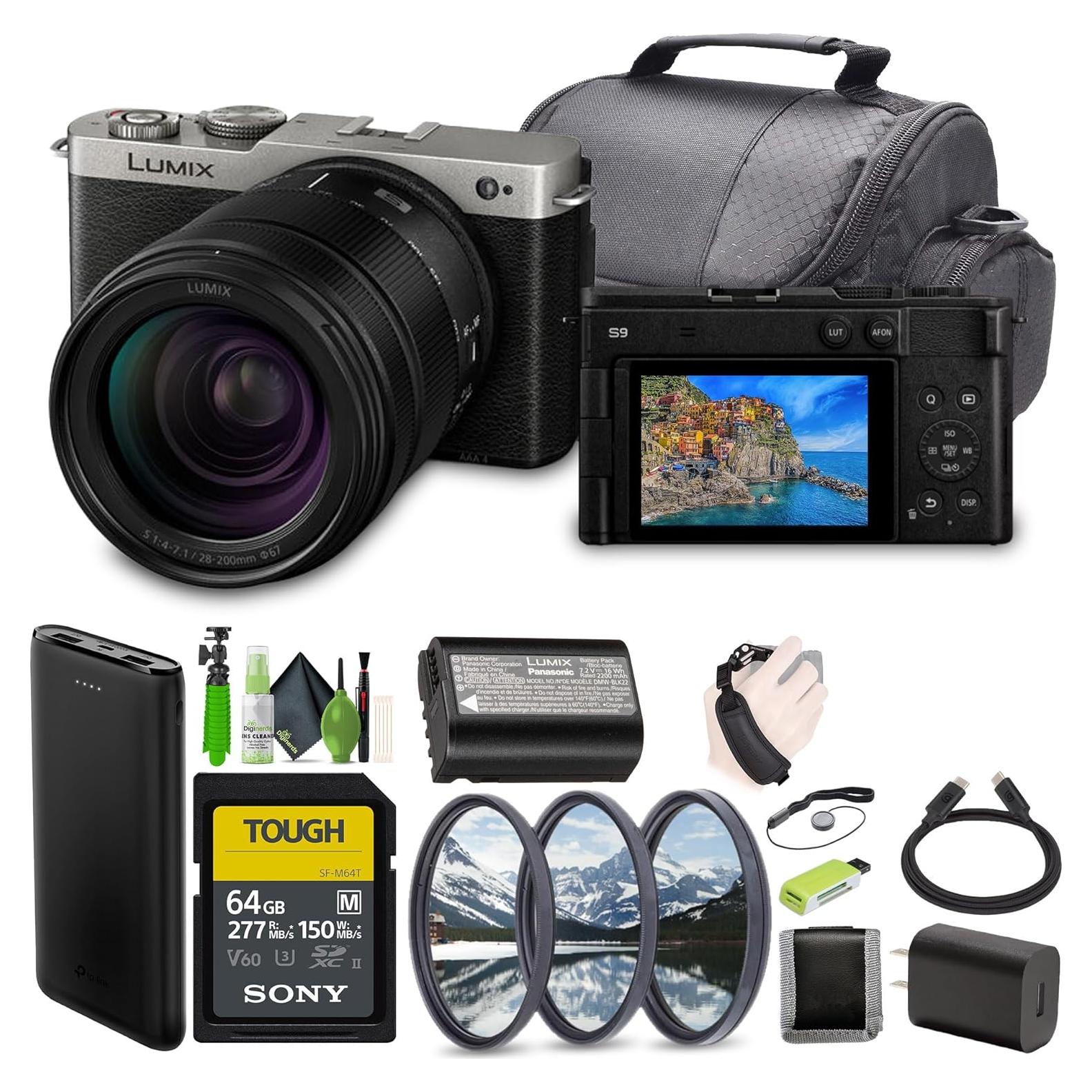 Panasonic LUMIX S9 Mirrorless Full Frame Compact Camera with 28-200mm L Mount Lens for Content Creators - Silver-Bundle with 64GB UHS-II SDXC Memory Card and More Accessories