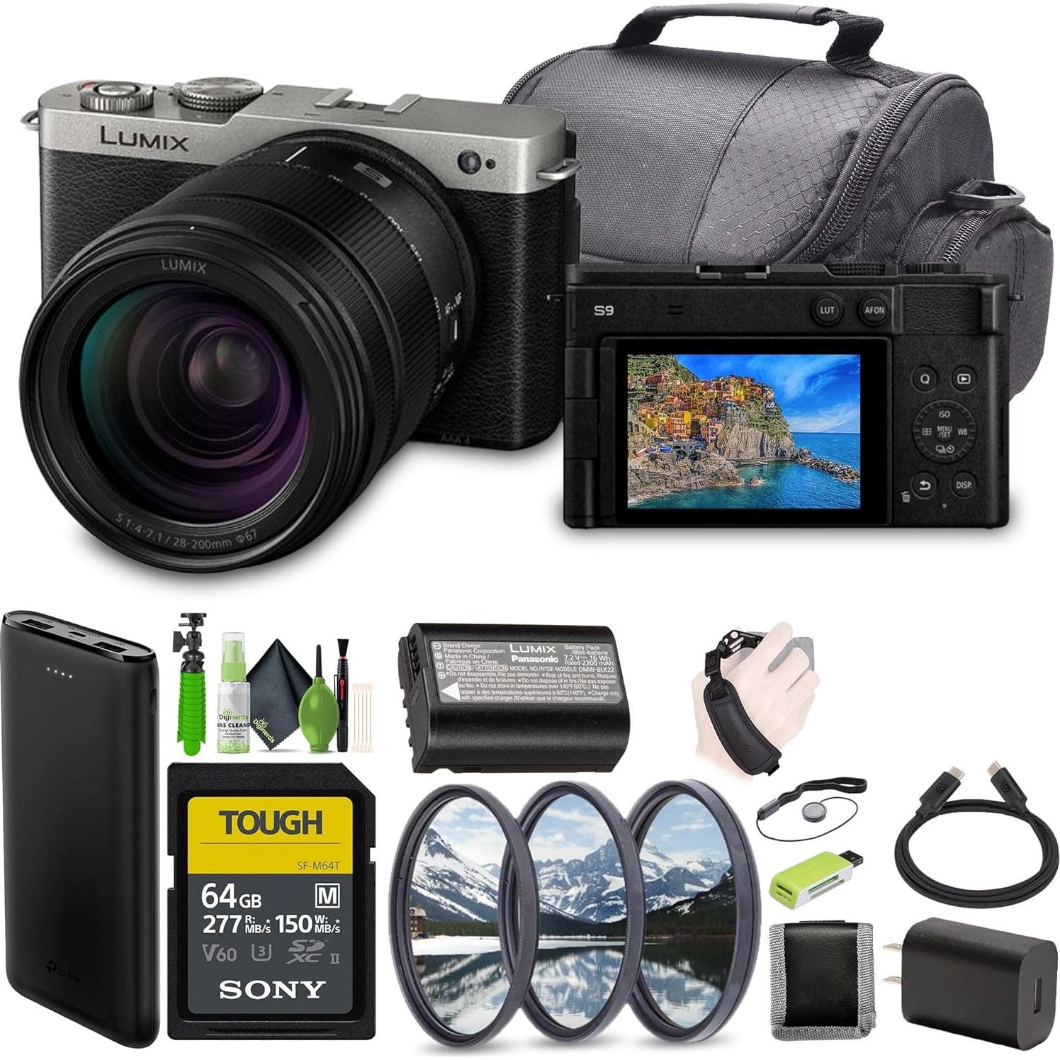 Panasonic LUMIX S9 Mirrorless Full Frame Compact Camera with 28-200mm L Mount Lens for Content Creators - Silver-Bundle with 64GB UHS-II SDXC Memory Card and More Accessories